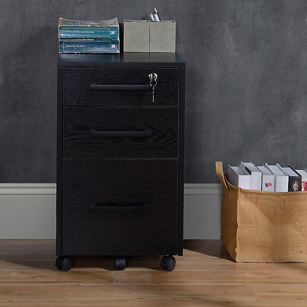 HOMCOM Caisson de bureau rangement bureau sur roulettes 3 tiroirs 1 verrouillable 1 trieur à dossiers MDF panneaux particules noir