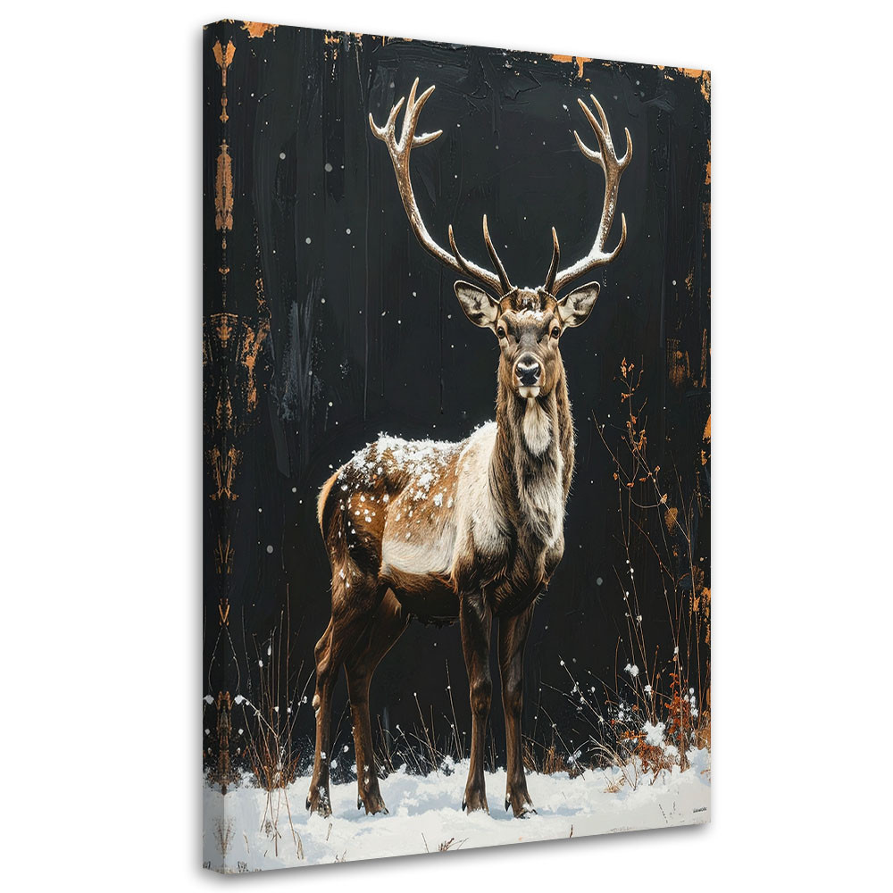 Obraz do salonu jadalni biura, Renifer zima śnieg choinki 20x30