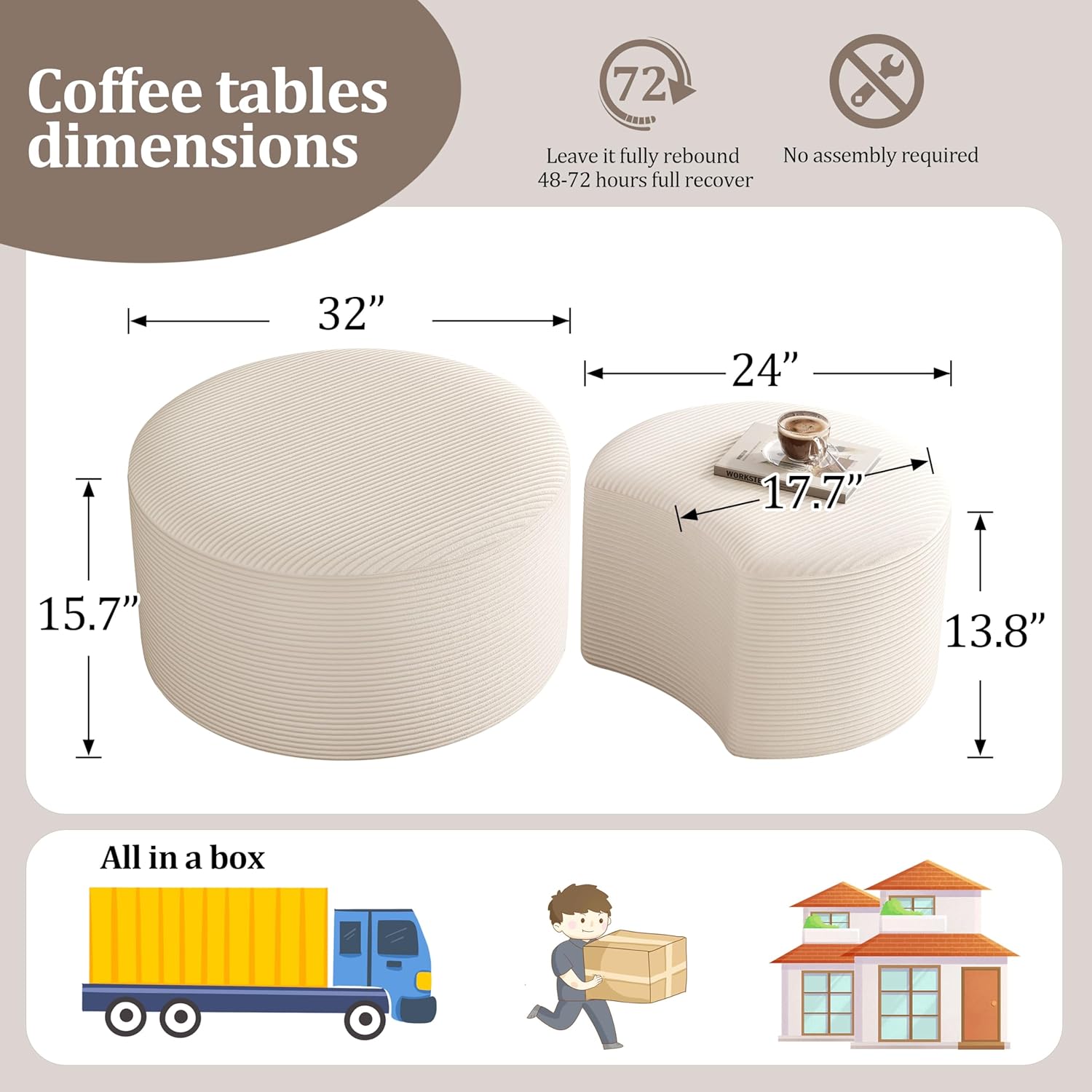 BSHOMGI Round Coffee Table Set of 2, Movable Ottoman for Corduroy Cloud Sectional Couches Circle Foam Round Side Table for Living Room, Entryway Set, 32+17 Footrest No Assembly (Beige, 32+17)