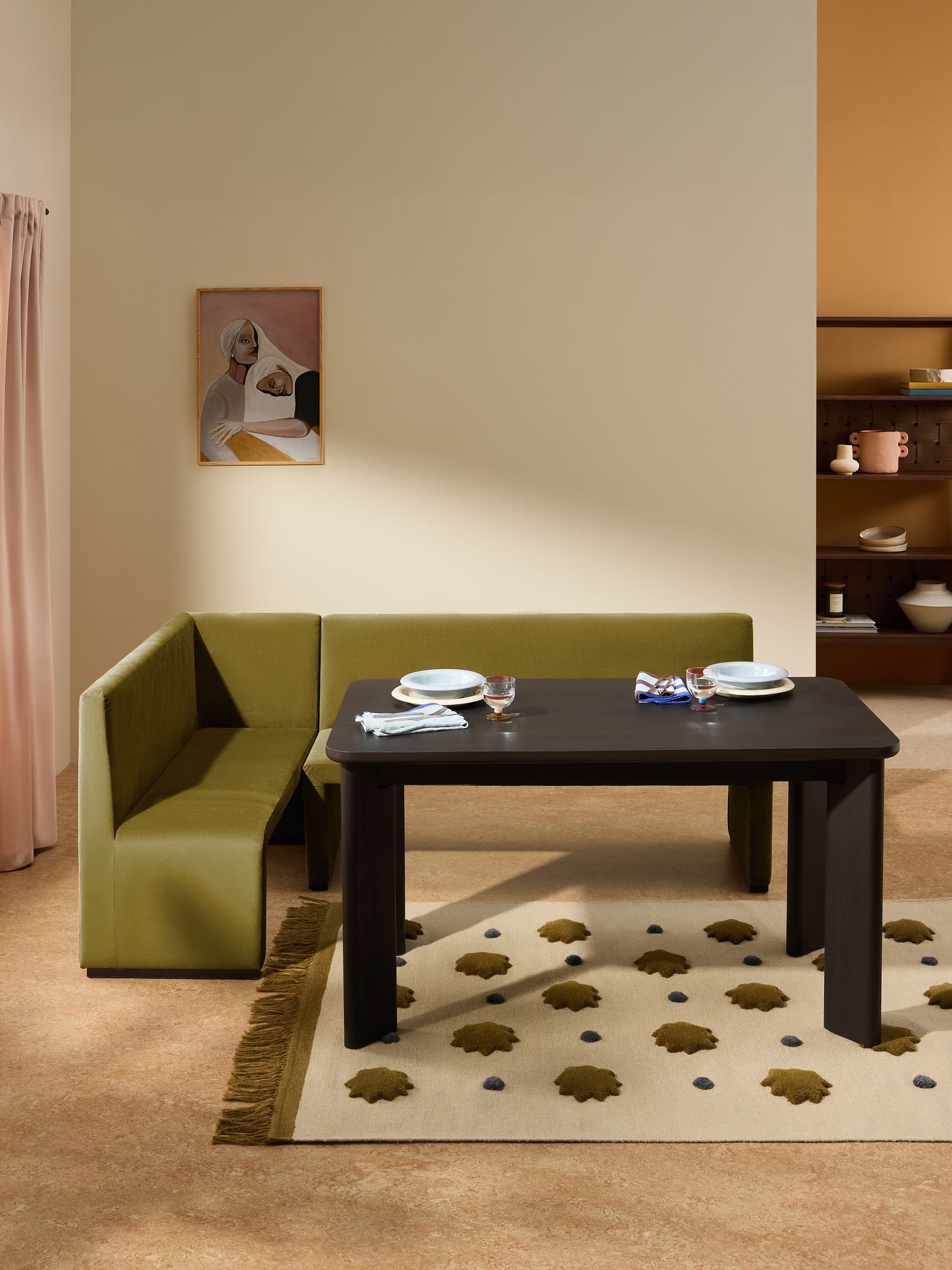 Left Hand Corner Corner Bench and Dining Table Set in Fern Green Velvet