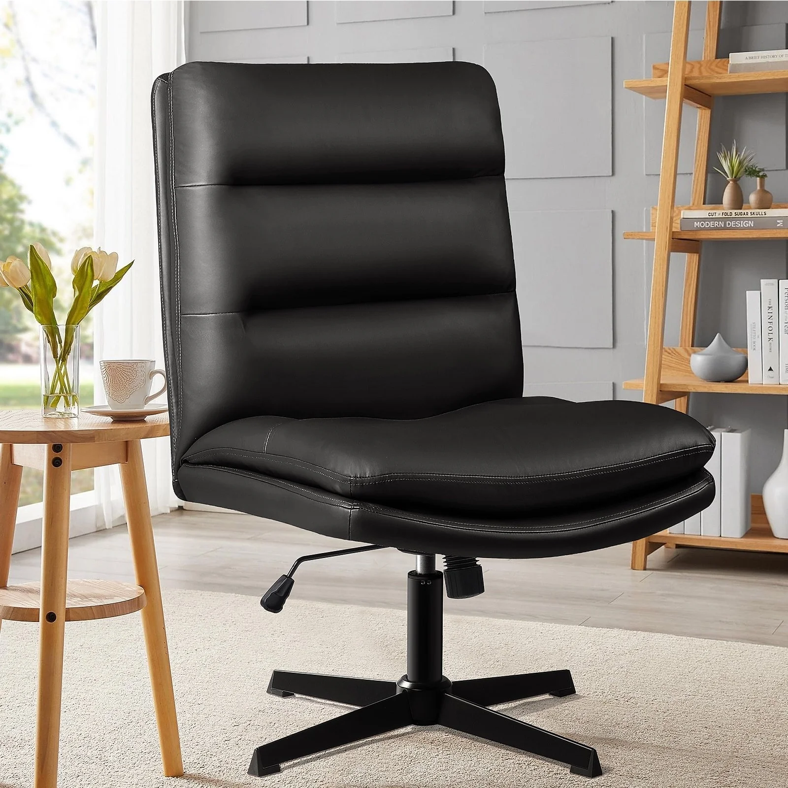 Bossin Criss Cross Chair Office Chair Desk Chair Armless No Wheels, PU Leather Criss Cross Legged, High Back Task Chair