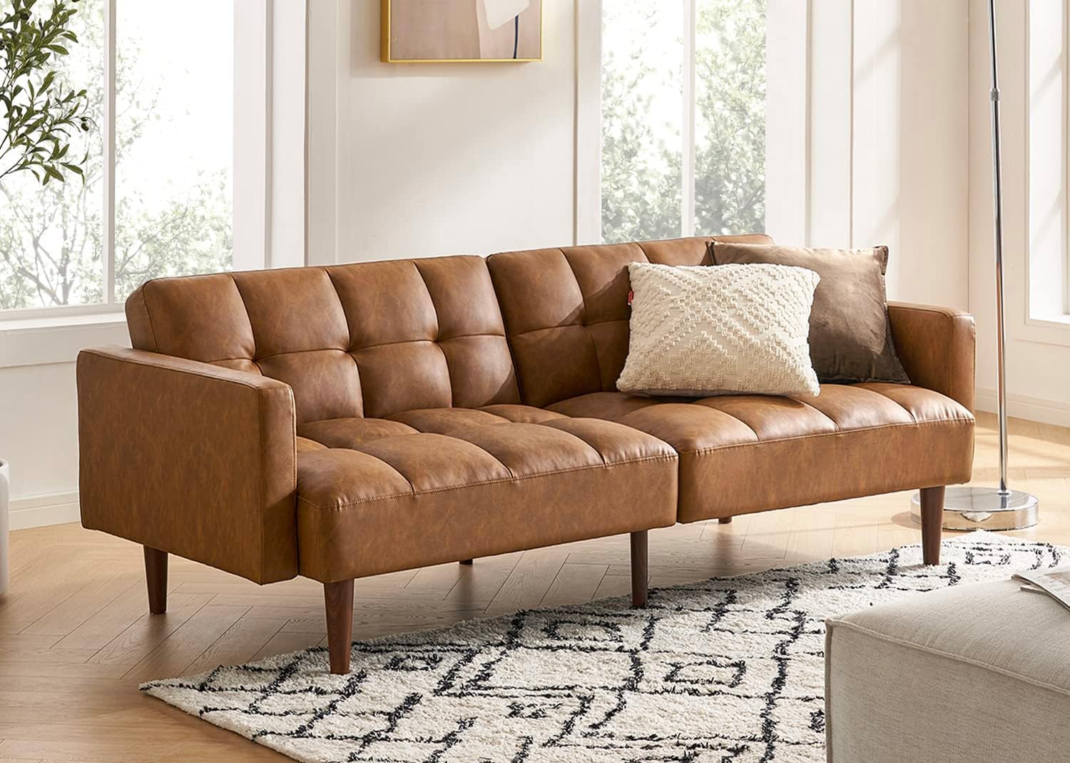 mopio 76.4 Futon Sofa Bed, Couch, Loveseat, Sleeper Sofa, Mid Century Modern Futon Couch, Sofa Cama, Couches for Living Room (Aaron PU, Pecan Brown)
