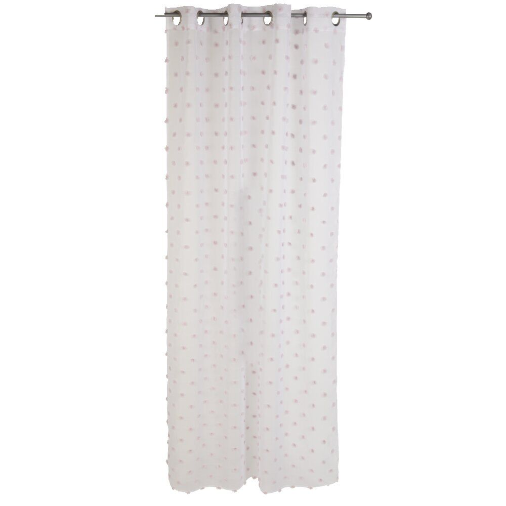 Voilage à oeillets blanc décor pompons rose 140x240 cm