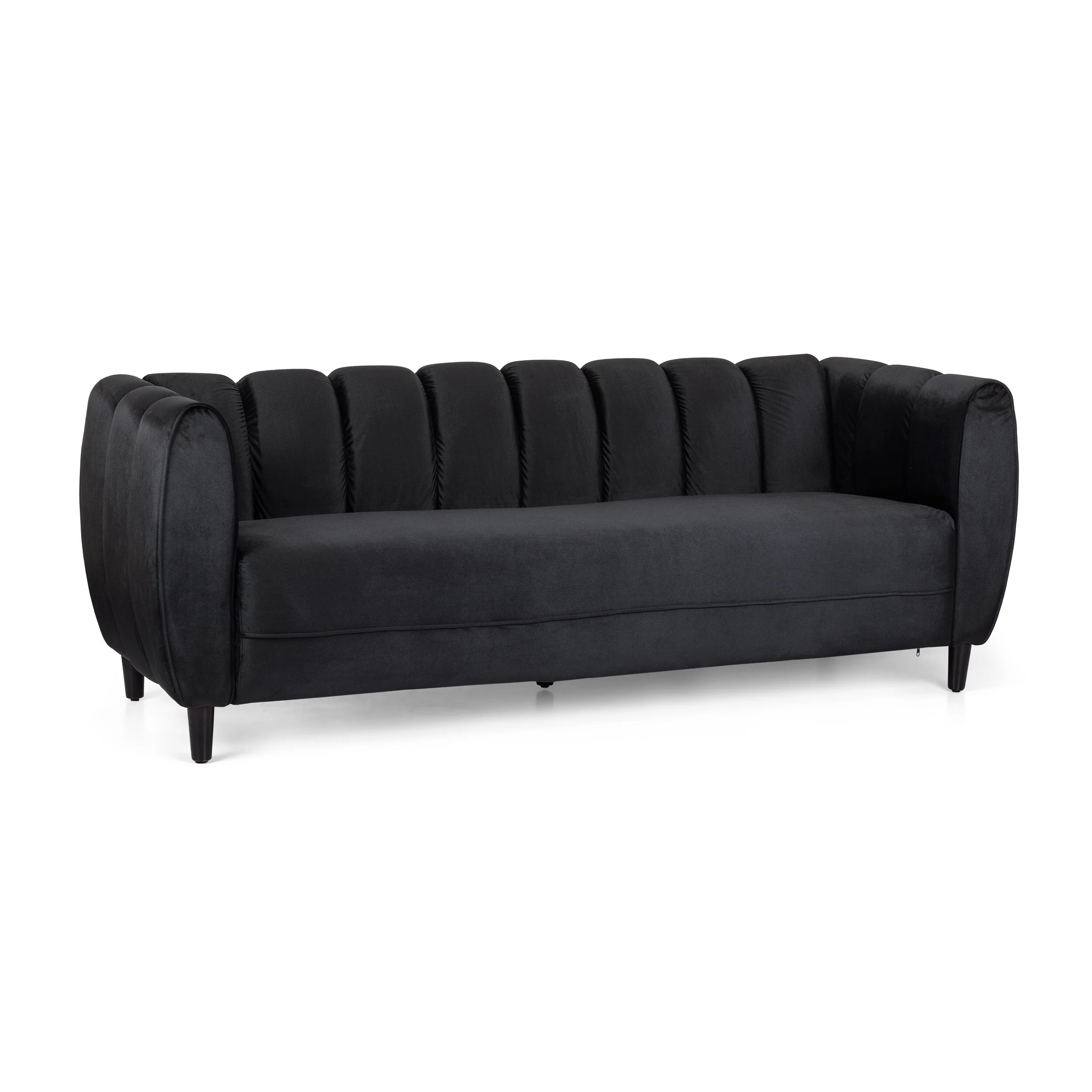 Black 83.25 Velvet Channel Tufted 3-seater Sofa with Birch Wood Legs for Living Room