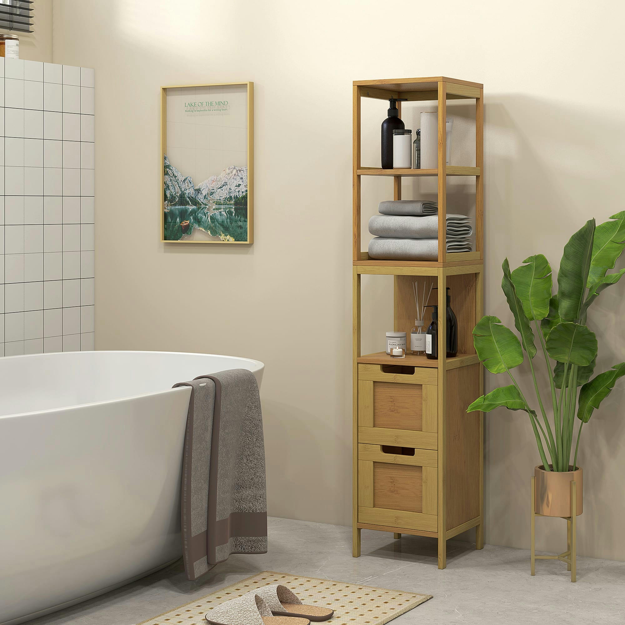 - Meuble colonne salle de bain cosy étagères tiroirs bambou bois clair