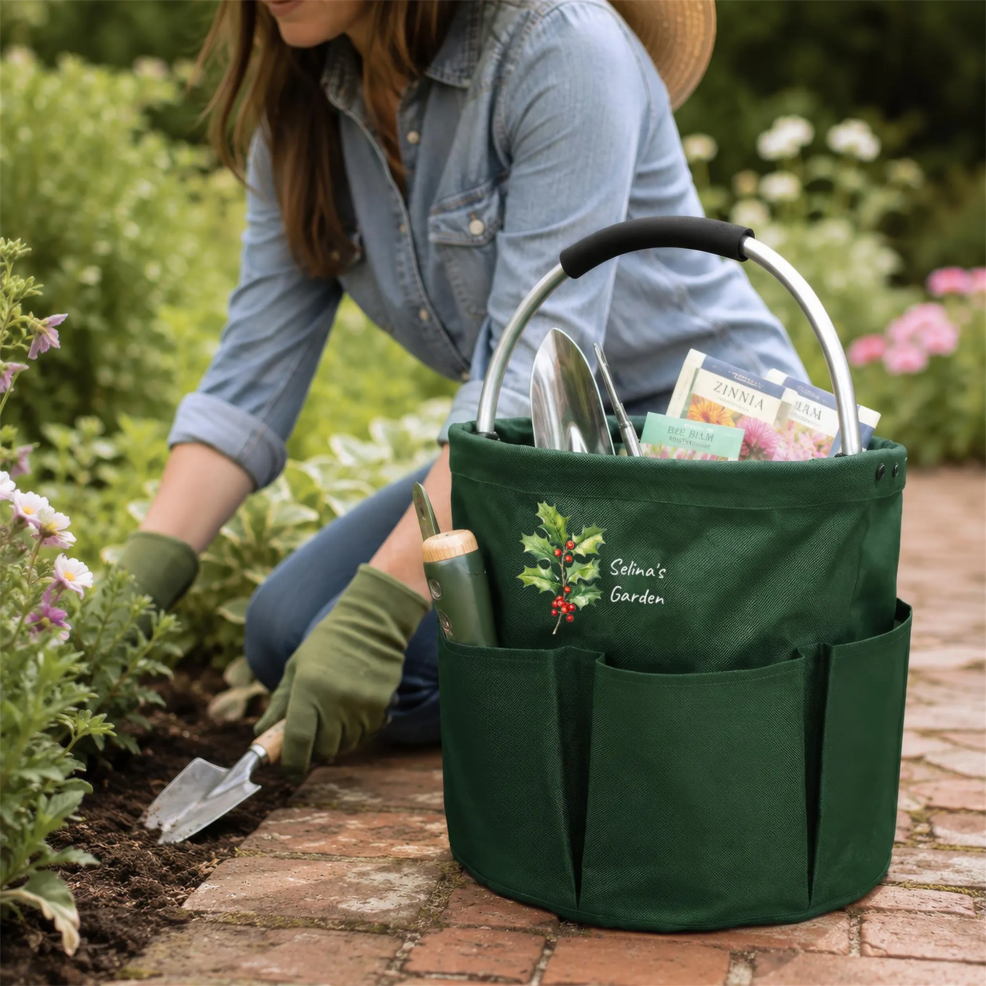 Personalized Garden Tool Tote Bag, Gardening Tote Collapsible Oxford Cloth Organizer, Gift for Mom Grandma Gardener