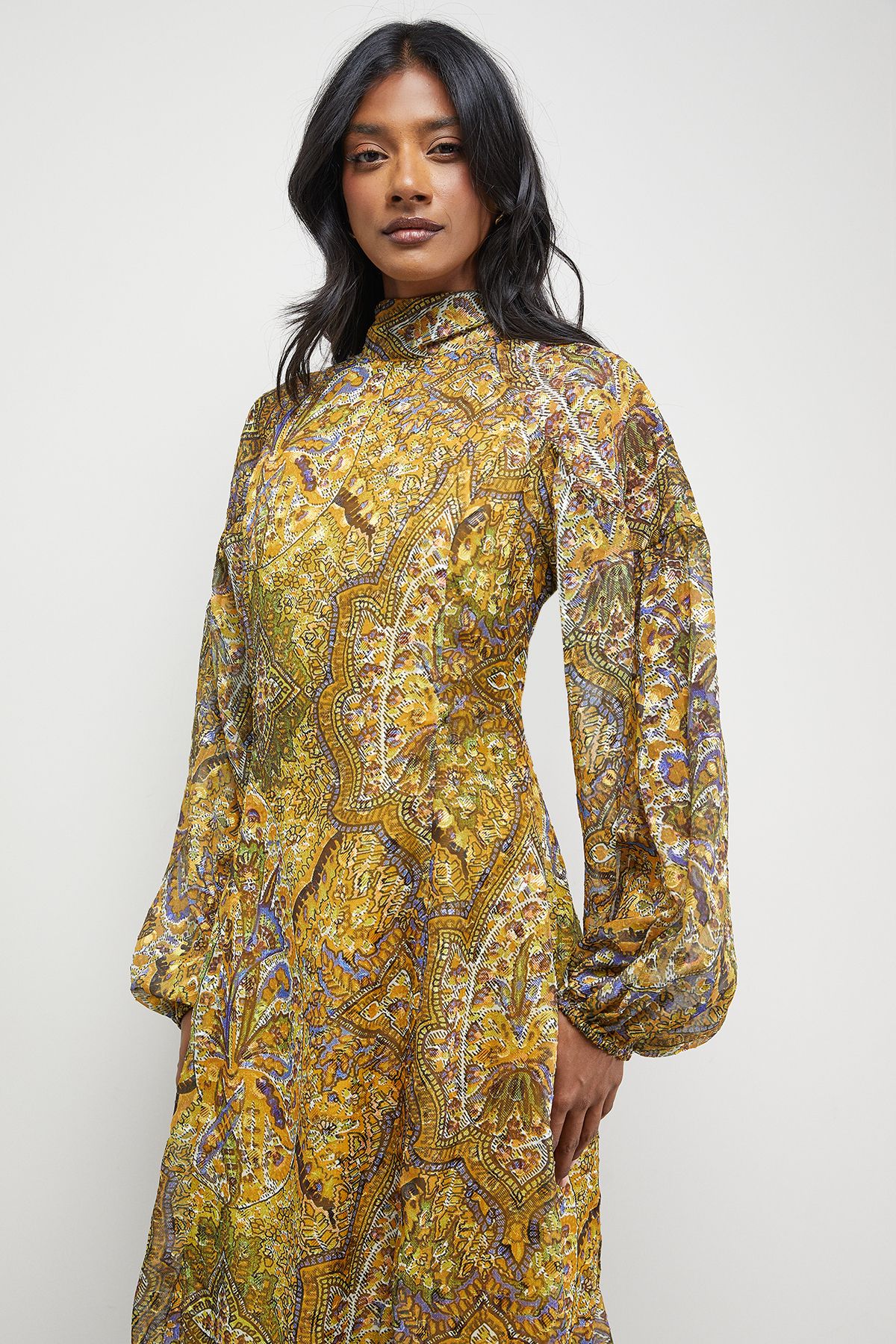 Warehouse Paisley Burnout Spot High Neck Godet Midi Dress