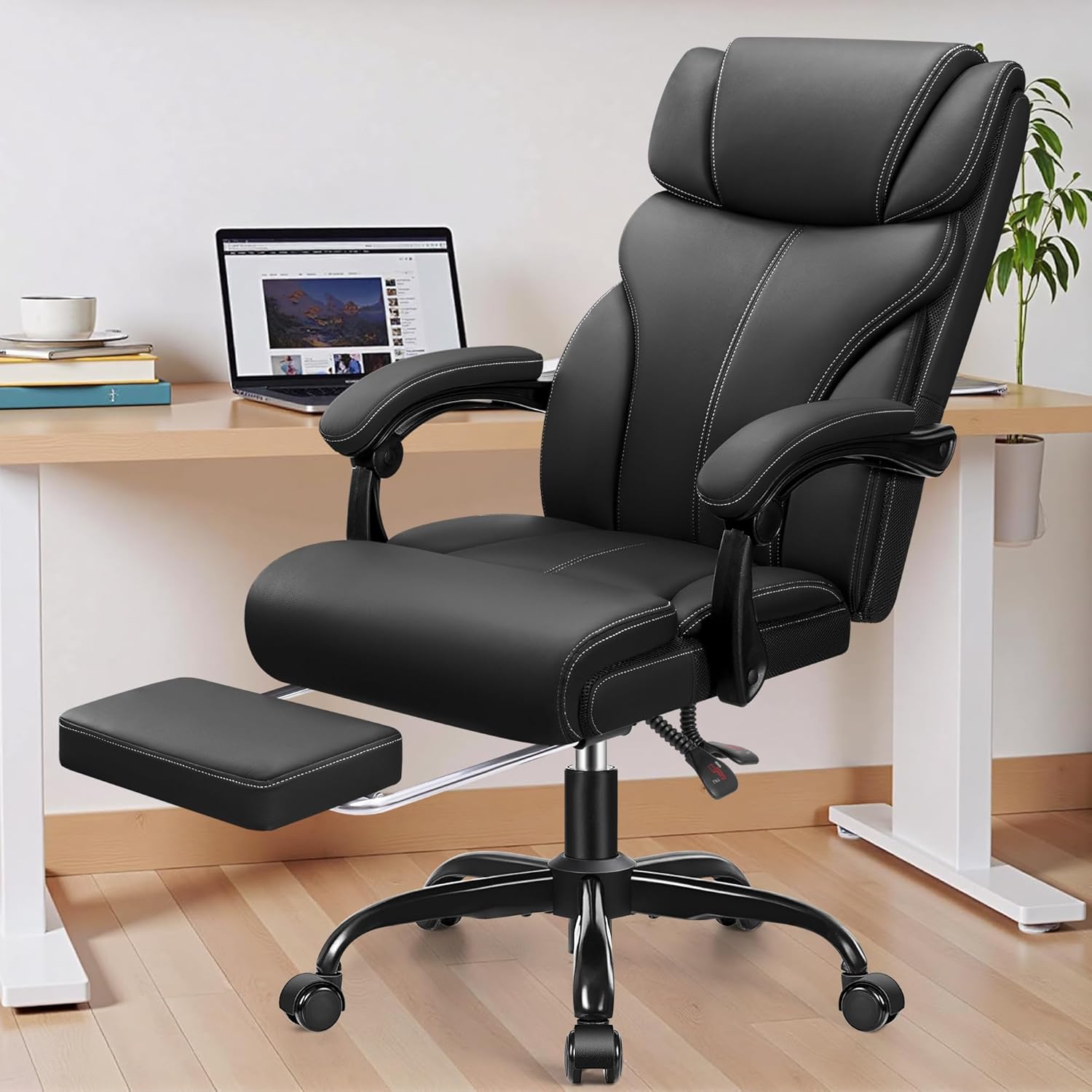 Office Chair, Executive Big and Tall Leather Desk Chairs with Footrest, Ergonomic Breathable Computer Chair with Adjustable High Back, Lumbar Support Swivel PC Chairs with Rocking Function