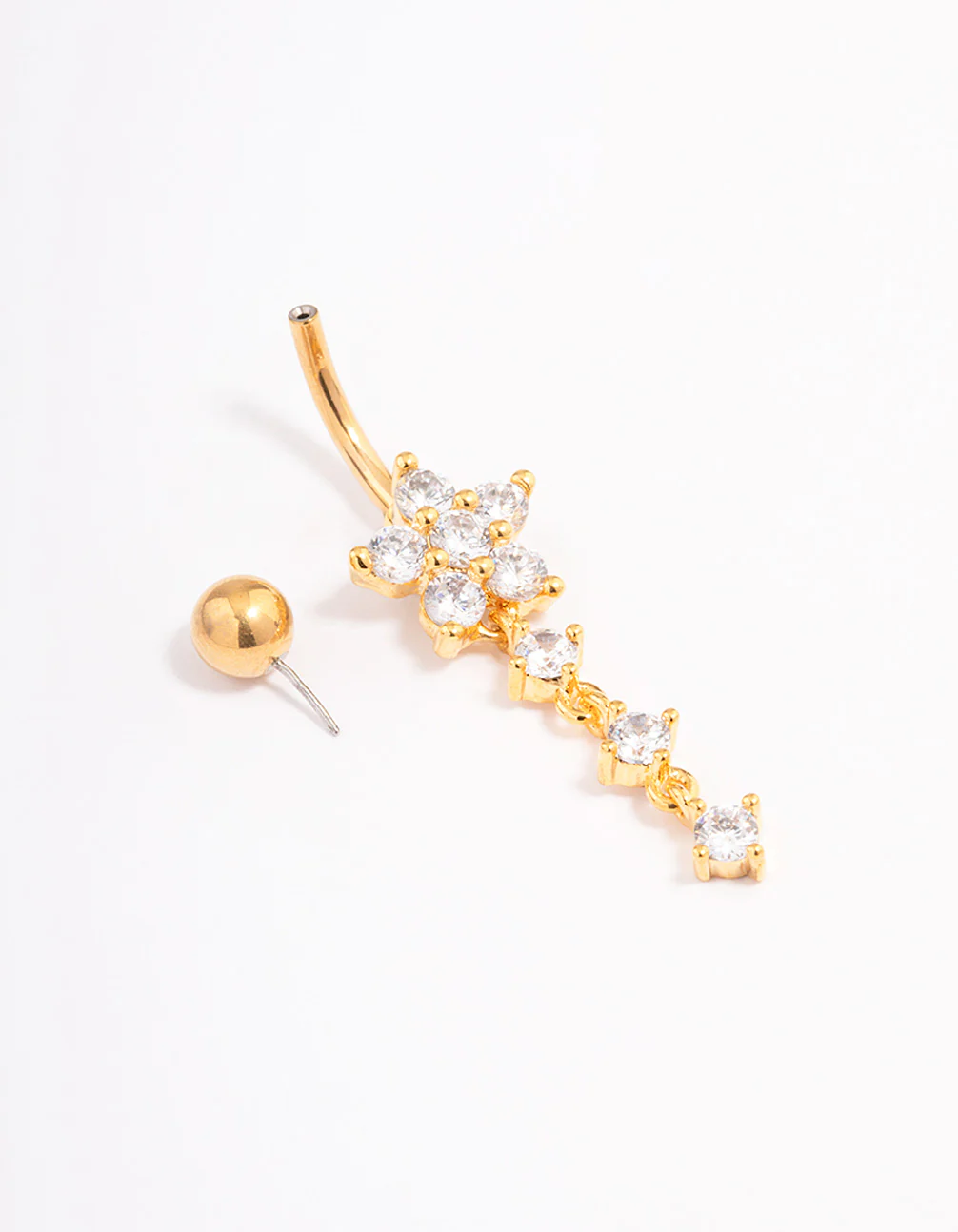 Gold Plated Surgical Steel Cubic Zirconia Trio & Flower Threadless Belly Bar