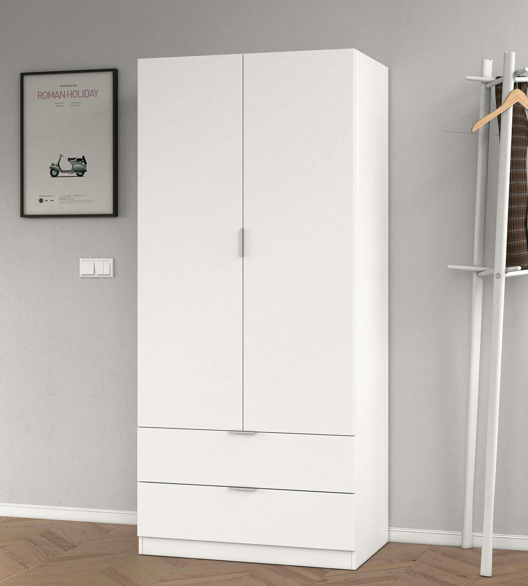 DAREST - Garde-robe avec 2 portes et 2 tiroirs effet bois blanc