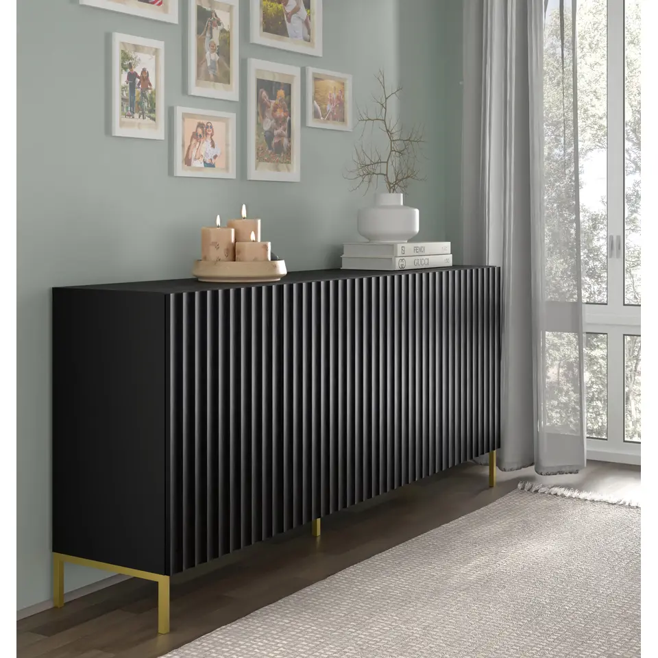 WAVE dressoir 4D 200 cm mat zwart gouden frame