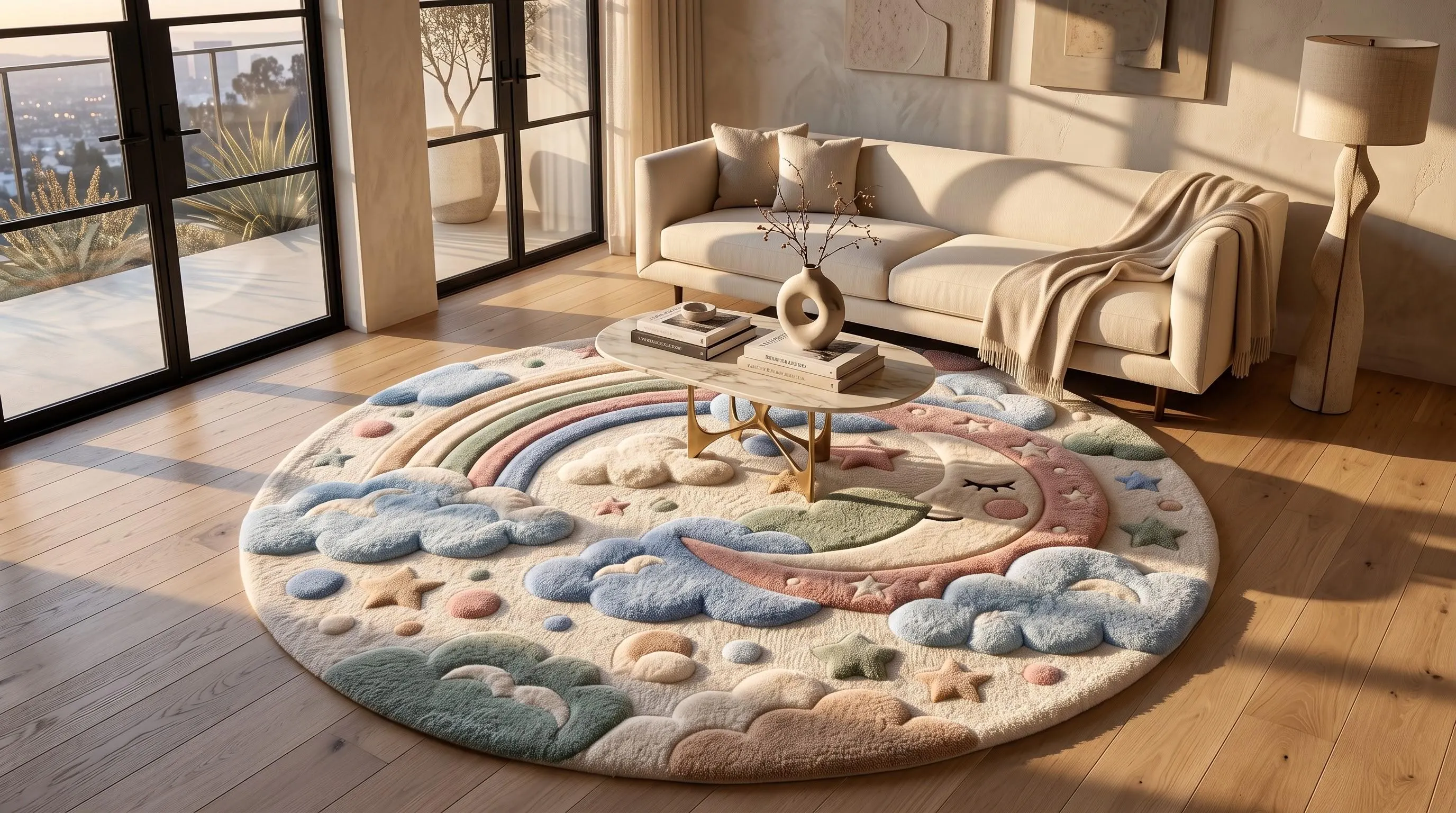 Nursery rug, baby play mat, playroom rug, living room, Handmade Home Decor, Custom Kids, Pastel Rainbow Moon, Wool Kids Carpet,