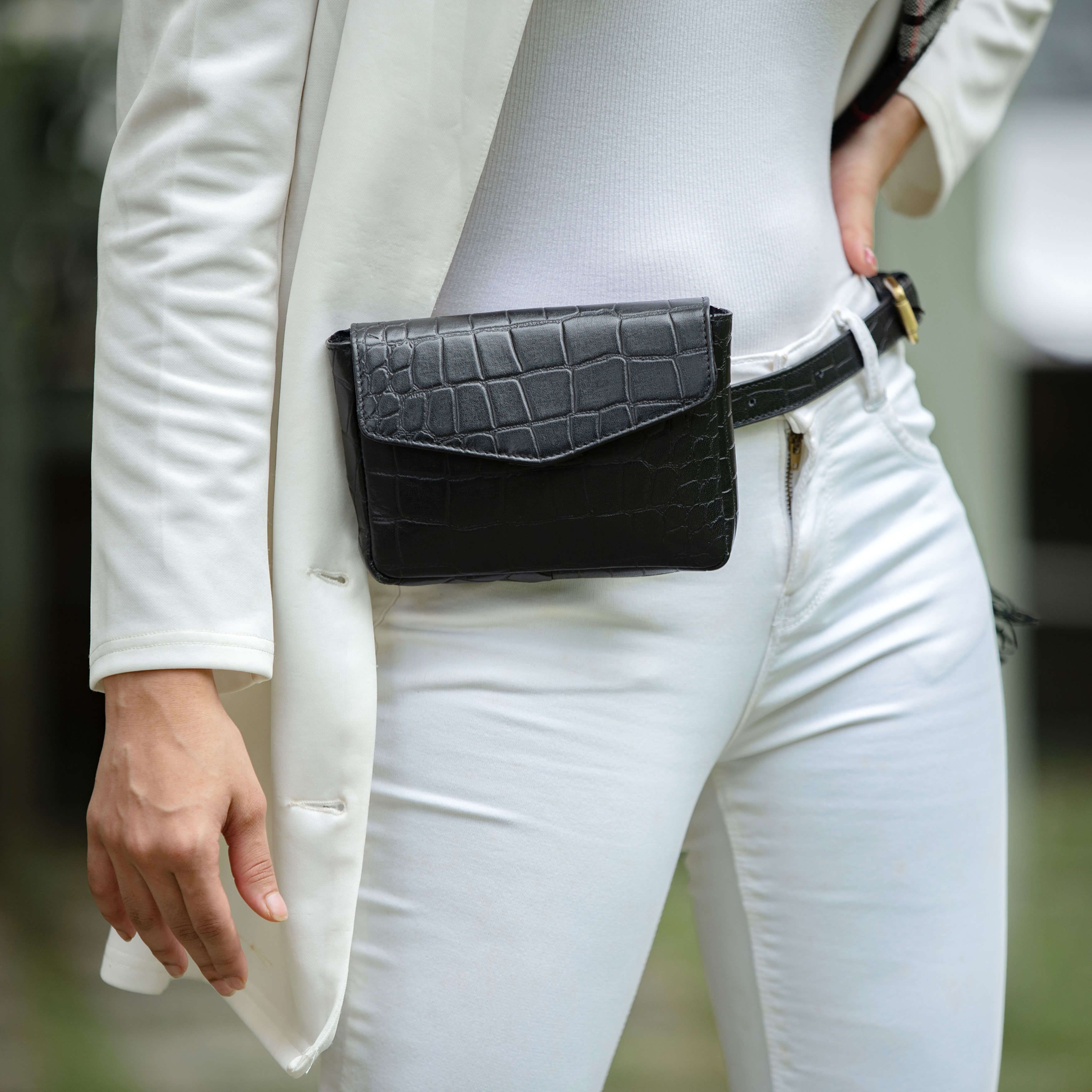 Assots London CAMELLA' Croc Leather Bum Belt Waist Festival Bag