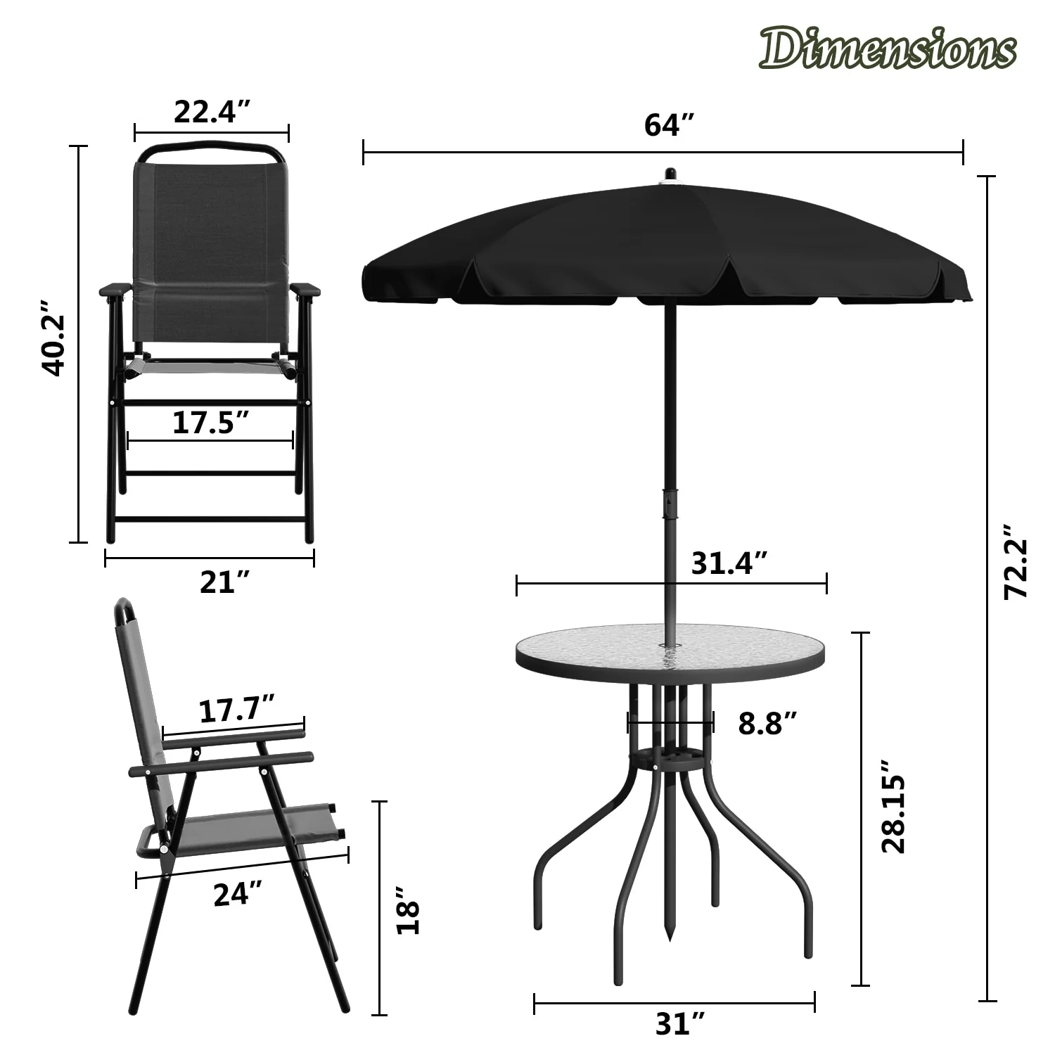 BOSSIN 6 Piece Foldable Metal Outdoor Dining Set with Umbrella, Table & Chairs for Deck, Lawn, Backyard