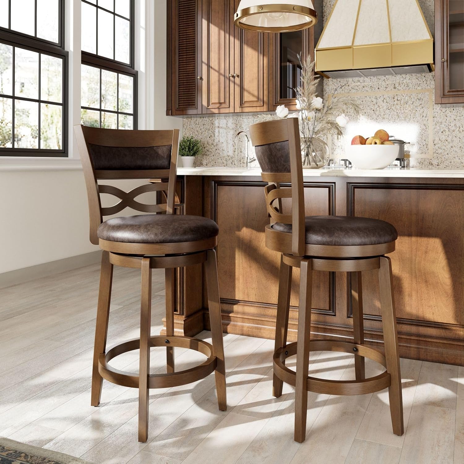 Sophia & William Swivel Bar Stools Set of 2, 26 Inch Counter Height Barstools with Backrest & Solid Wood Legs, Faux Leather Bar Stools for Kitchen Island