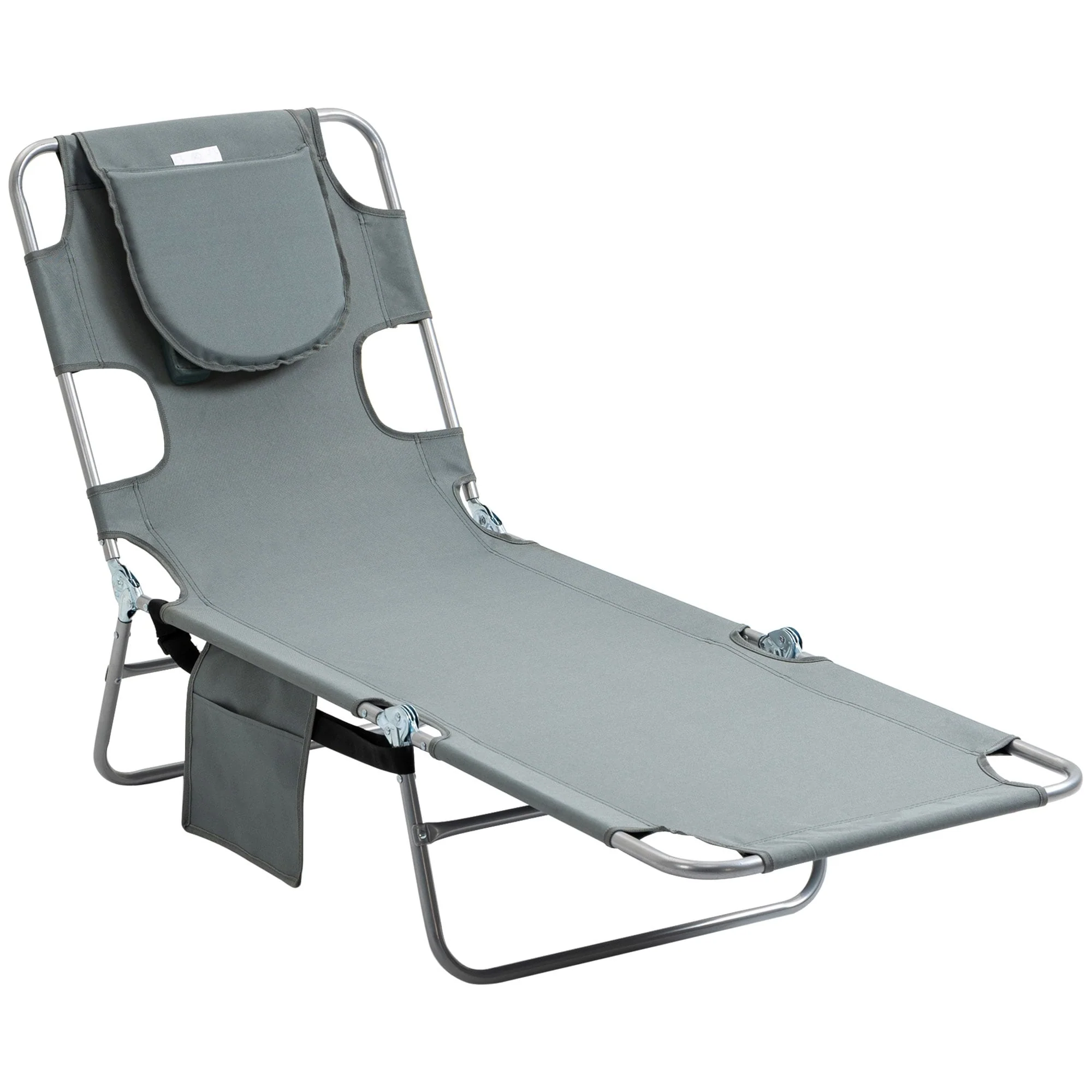 Outsunny Folding Beach Lounge Chair with Face Hole and Arm Slots, 5-level Adjustable Sun Lounger Tanning Chair with Pillow - N/A