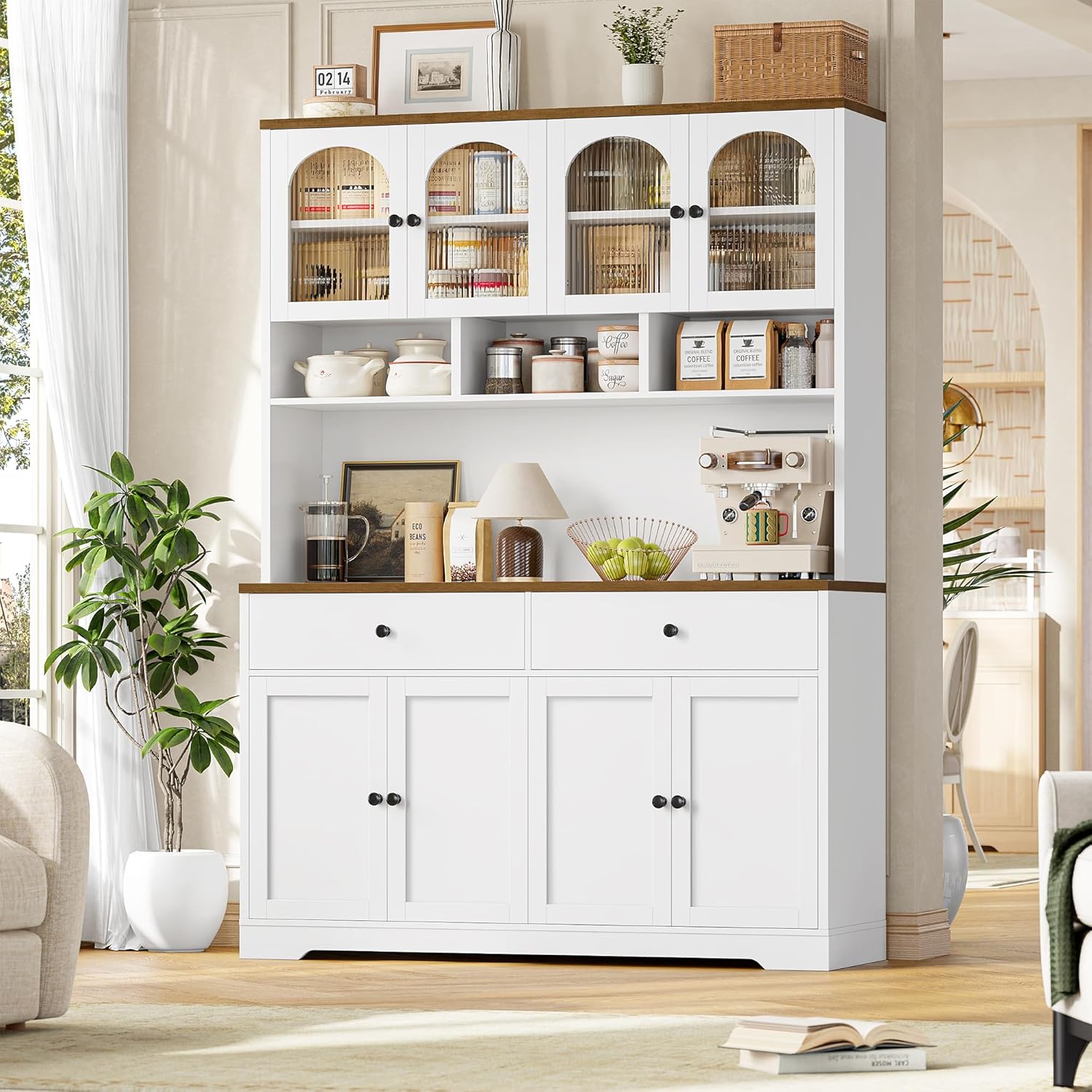 FINETONES 71 Pantry Cabinet, Tall Kitchen Pantry Storage Cabinet with Charging Station, 47.2 Wide Kitchen Hutch Food Storage Cabinets with Open Countertop for Dining Room, White