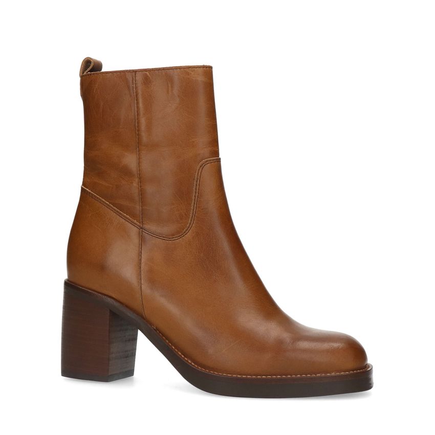 Manfield Cognac leren enkellaarsjes met hak