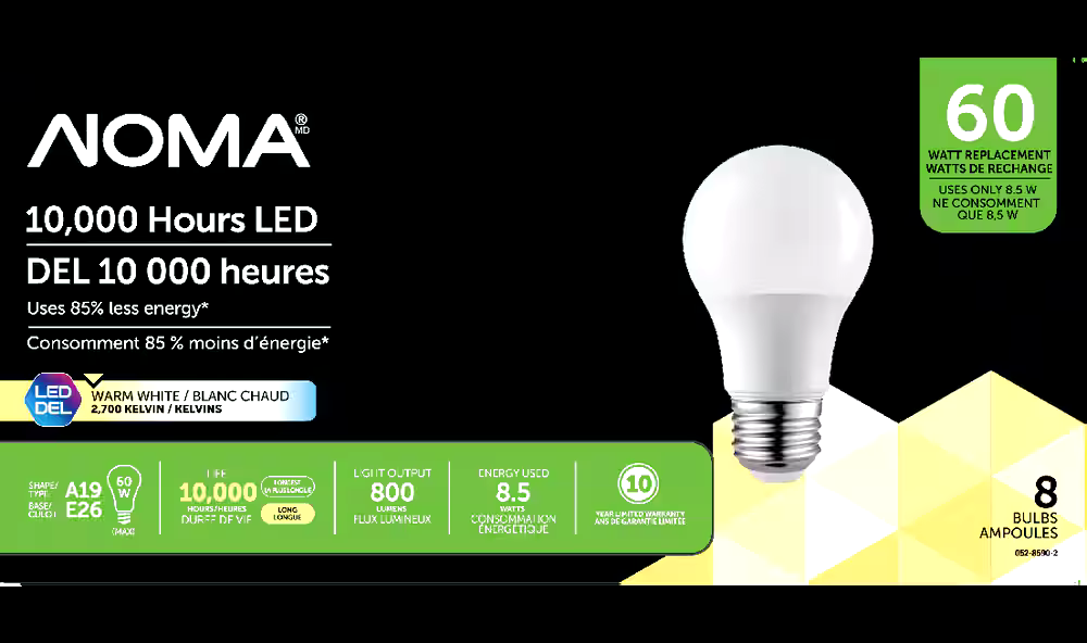 NOMA A19 E26 Base Non-Dimmable LED Light Bulbs, 800 Lumens, Warm White, 60W, 8-pk