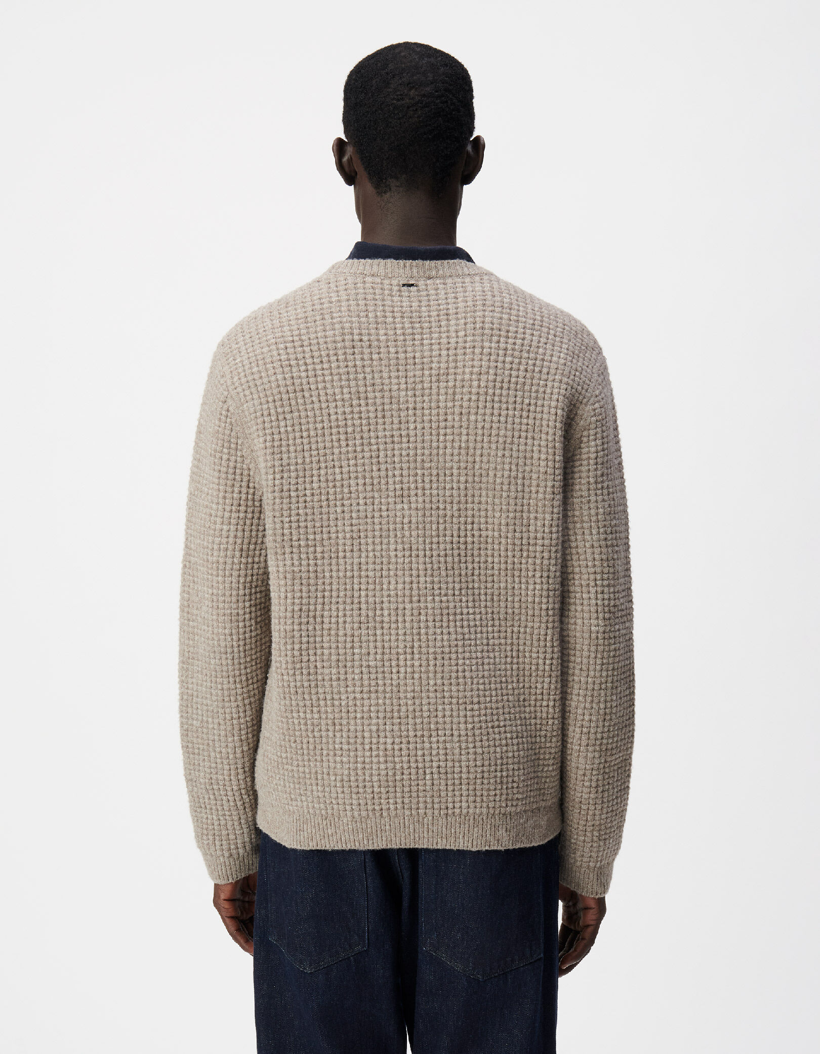 Pull beige tricot relief col rond Homme