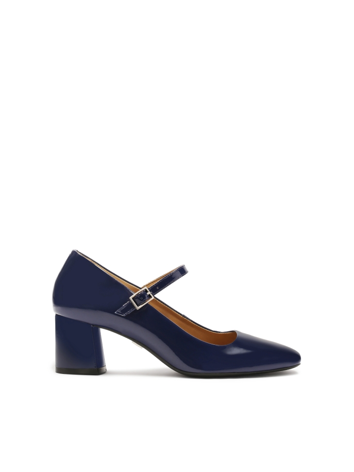 Navy blue patent leather low heel pumps