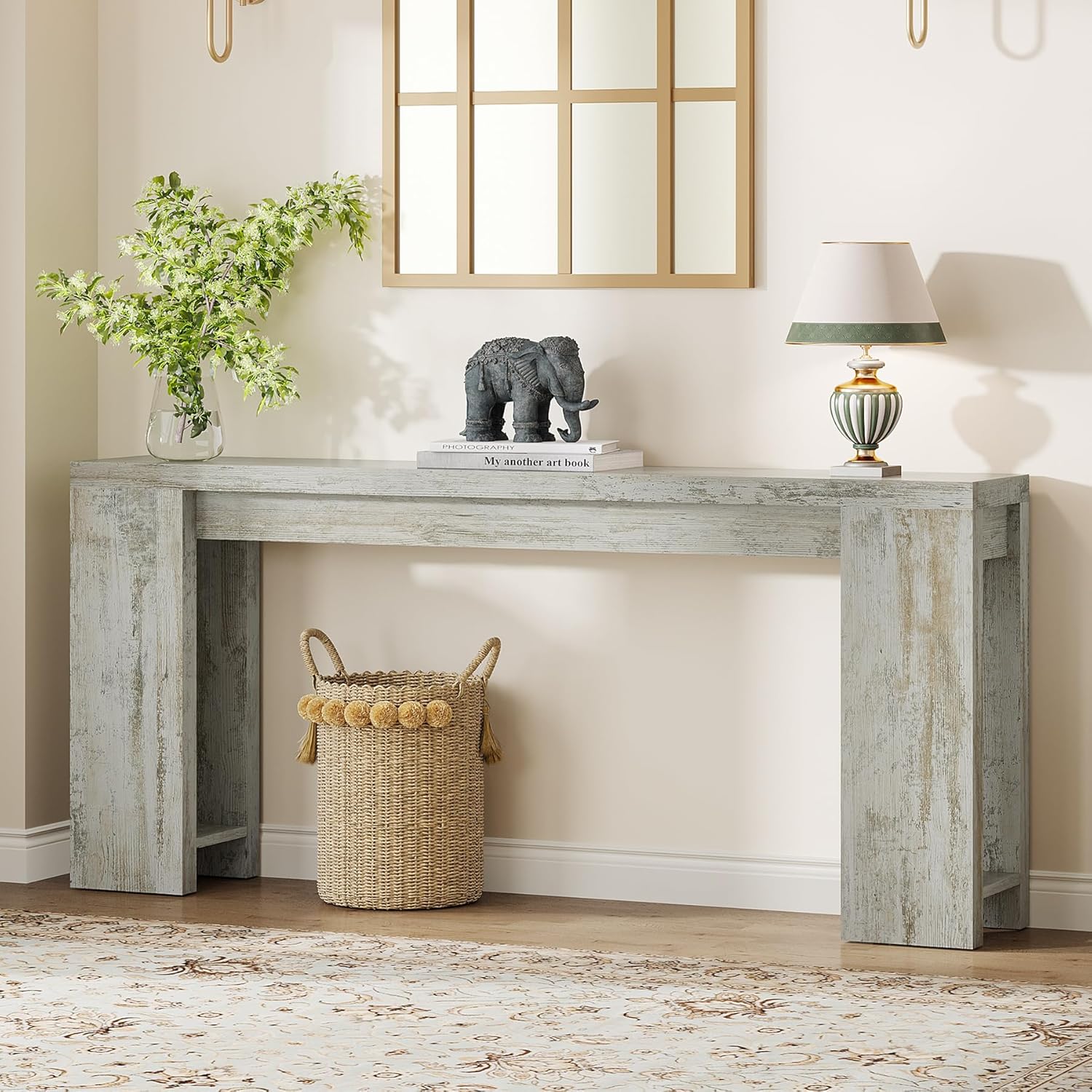 Tribesigns 70.9-Inch Extra Long Console Table, Farmhouse Wood Sofa Table Behind Couch, Narrow Entryway Accent Table for Living Room, Hallway, Entrance, Foyer (Distressed White)