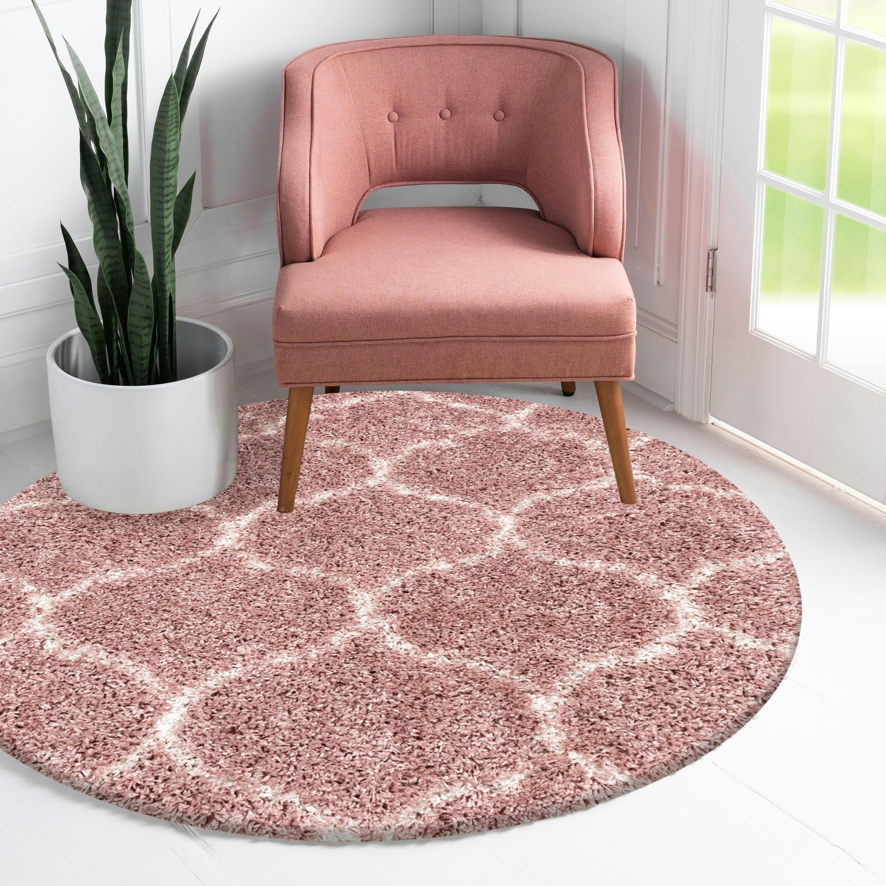 SALMA - Tapis rond à poils longs et motifs alhambra rose 120x120cm