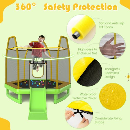 NNECW 3-in-1 7FT Kids Trampoline with Slide & Ladder & Ocean Balls