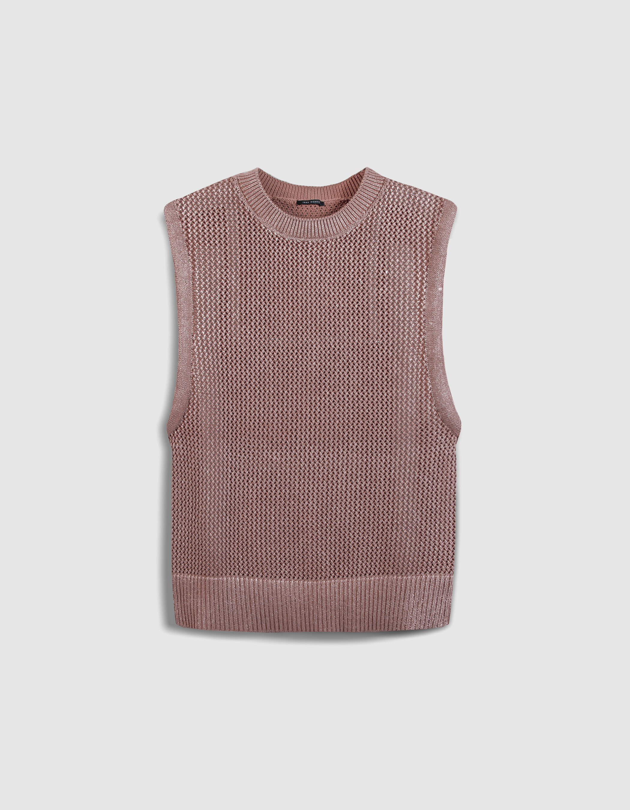 Pull sans manches marron tricot enduit ajouré Femme