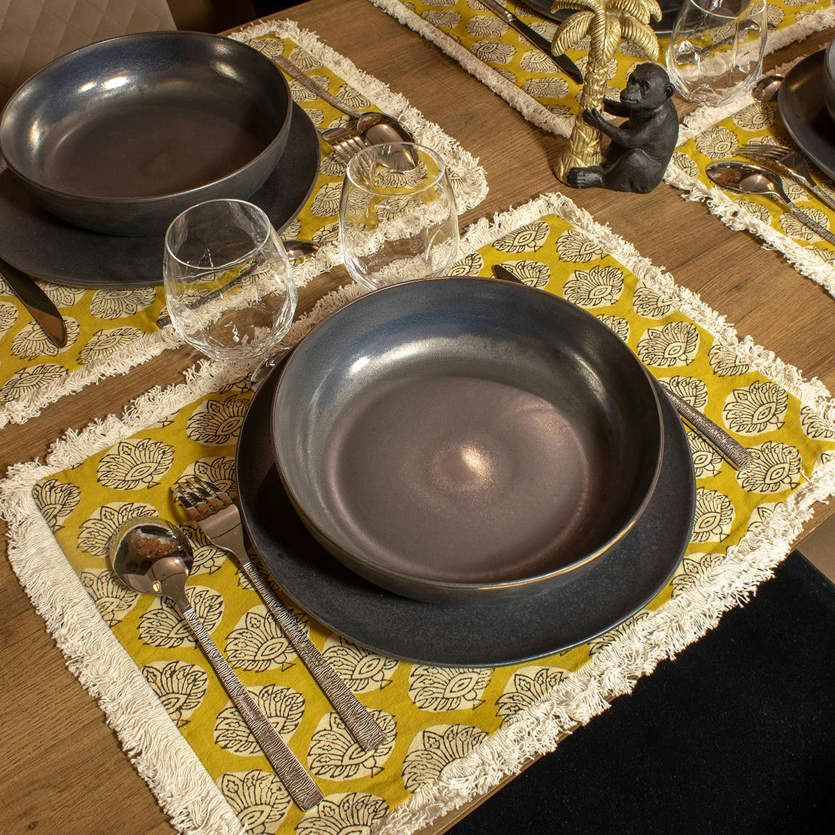 CATANE - Lot de 4 sets de table en coton jaune avec franges