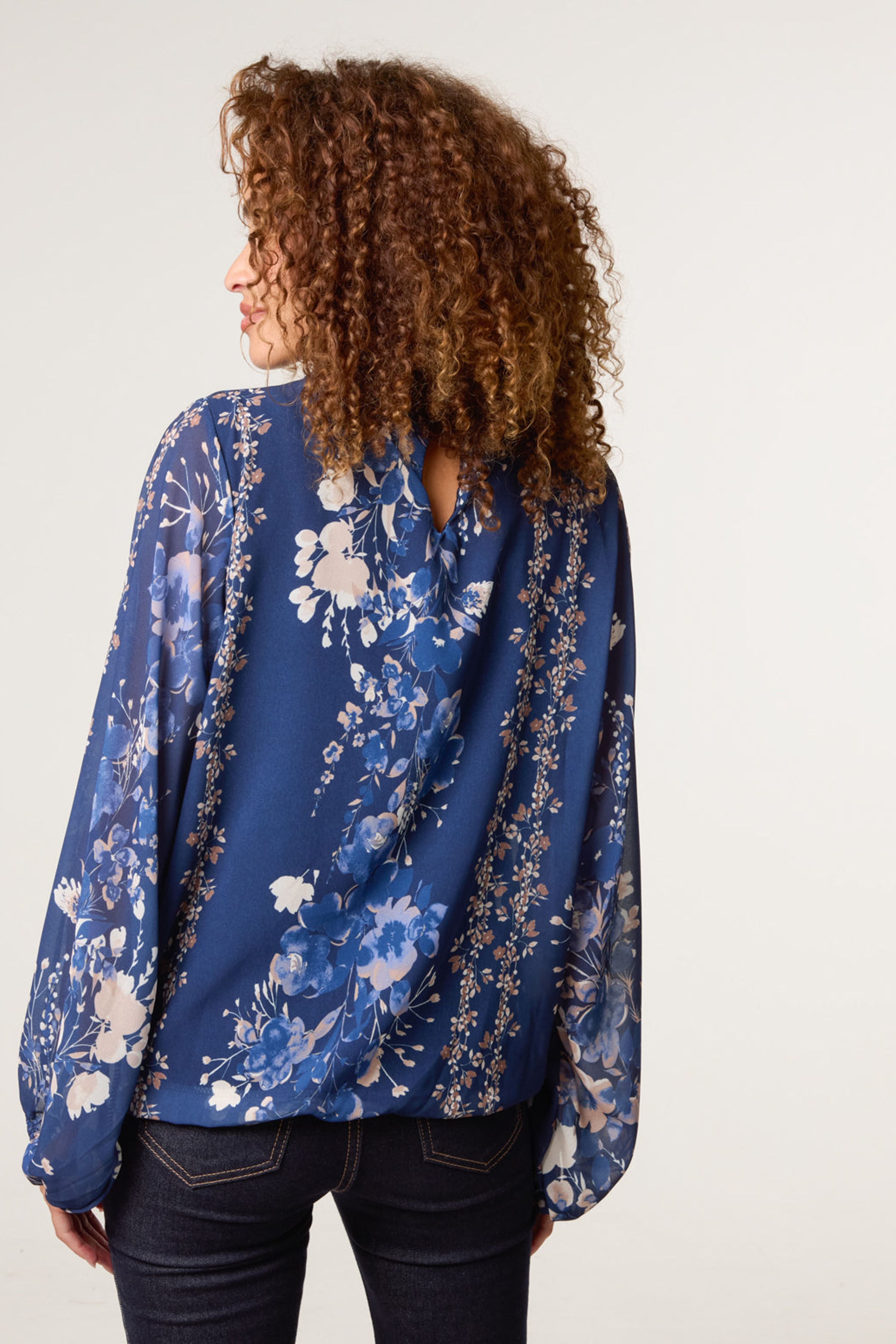 Blue Vanilla Navy High Neck Puffball Floral Blouse