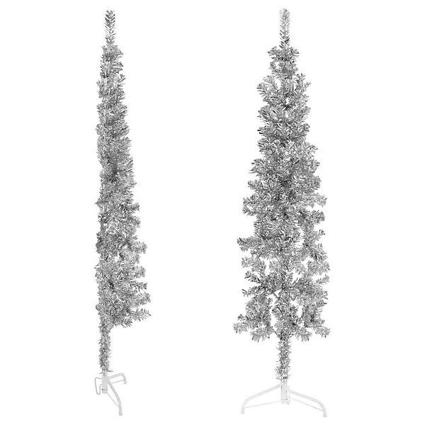 Demi sapin de Noël artificiel mince avec support Argenté 180 cm vidaXL