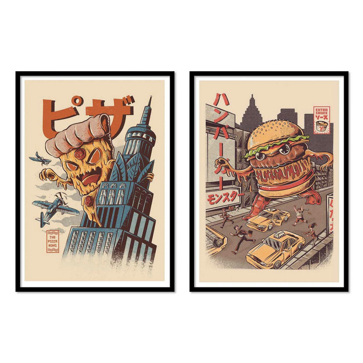 ILUSTRATA - BURGERZILLA AND PIZZA KONG - 2 Affiches d'art 30 x 40 cm
