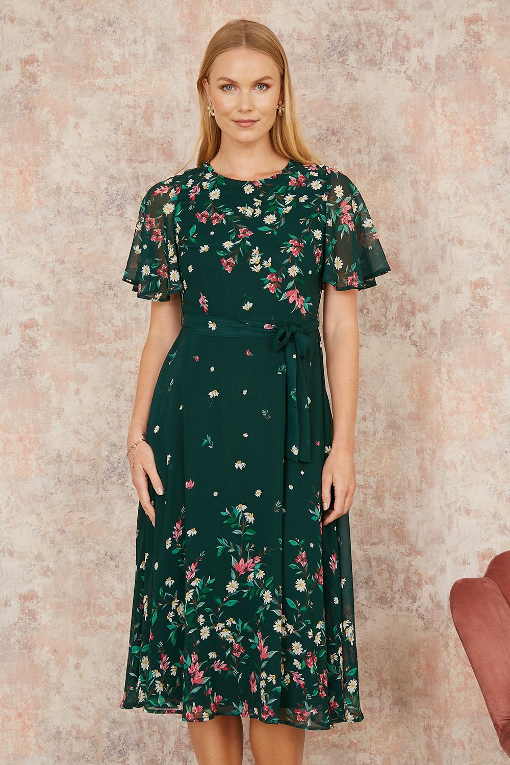 Yumi Yumi Green Daisy Mirror Placement Skater Dress With Angel Sleeves