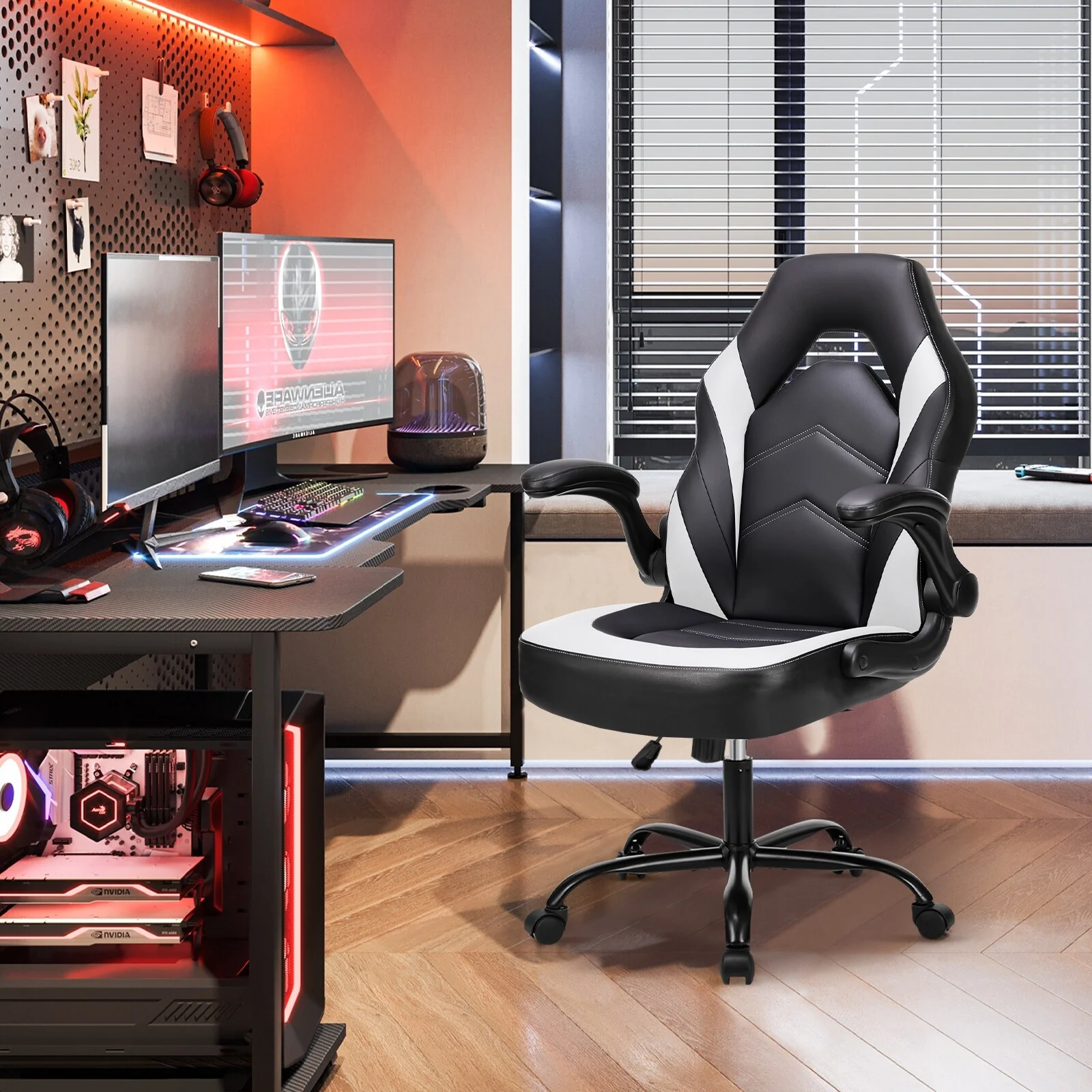 Ergonomic Gaming Office Chair, Adjustable PU Leather Executive Desk Chair with Flip-Up Armrests & Lumbar Support