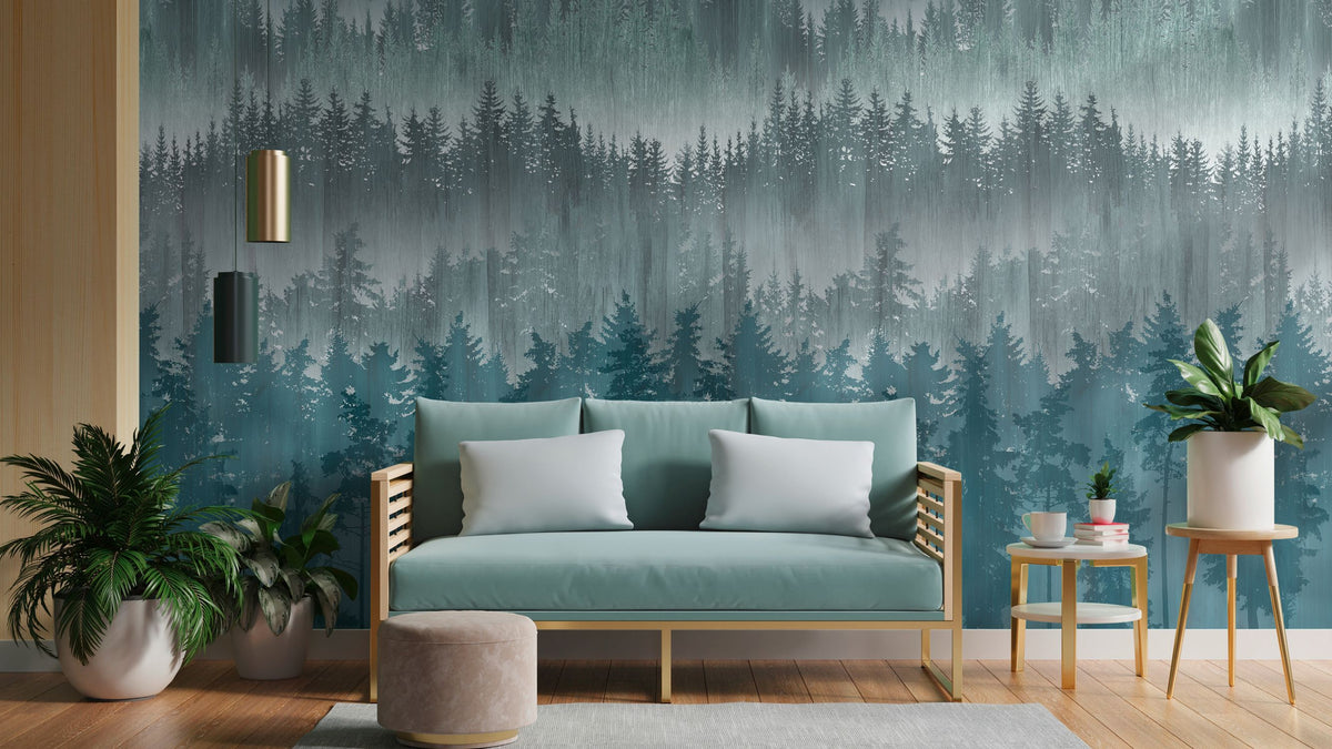 Livingwalls fotobehang bomen blauw, grijs en petrolblauw - 159 x 280 cm - AS-391813
