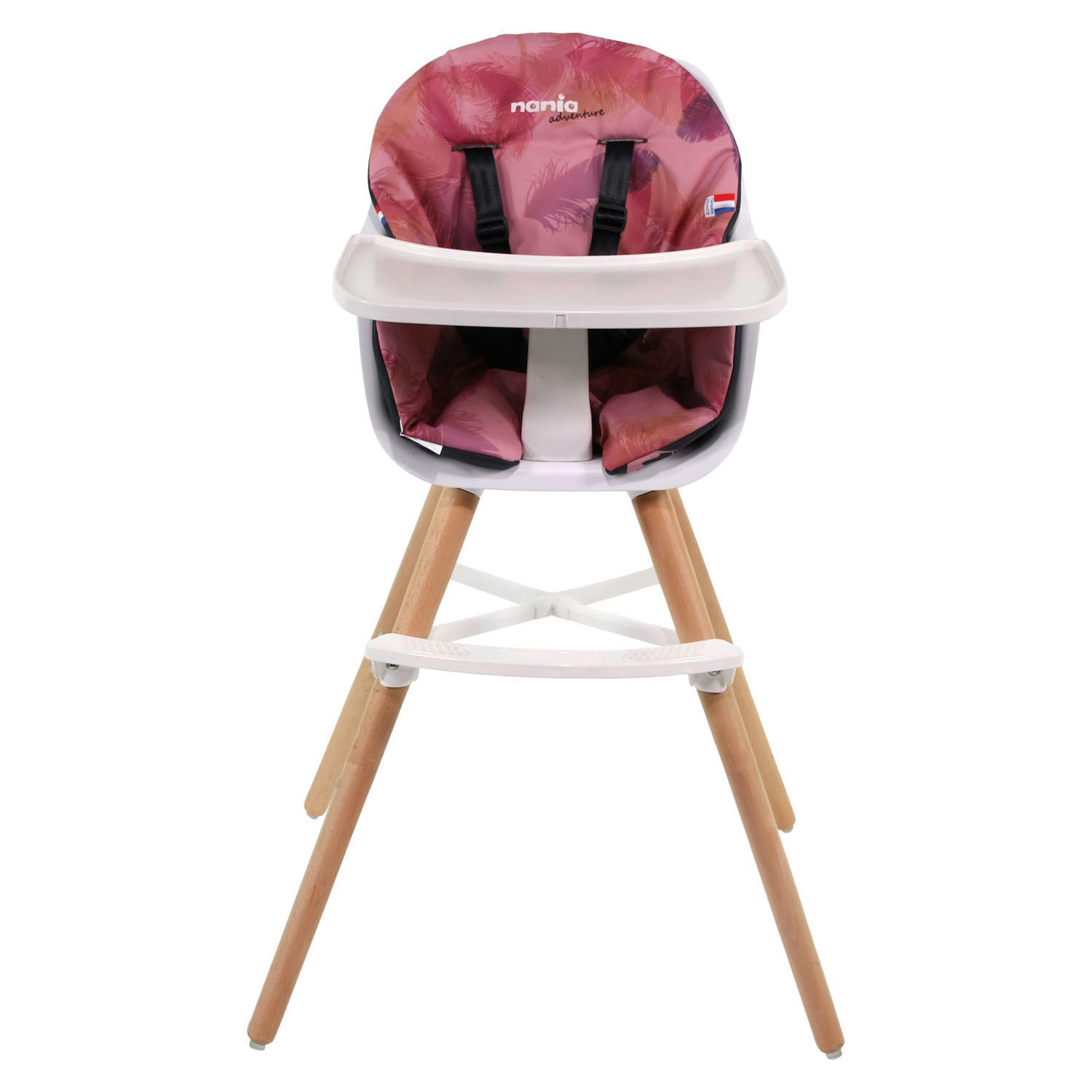 - Chaise haute blanche et hêtre coussin décor flamingo