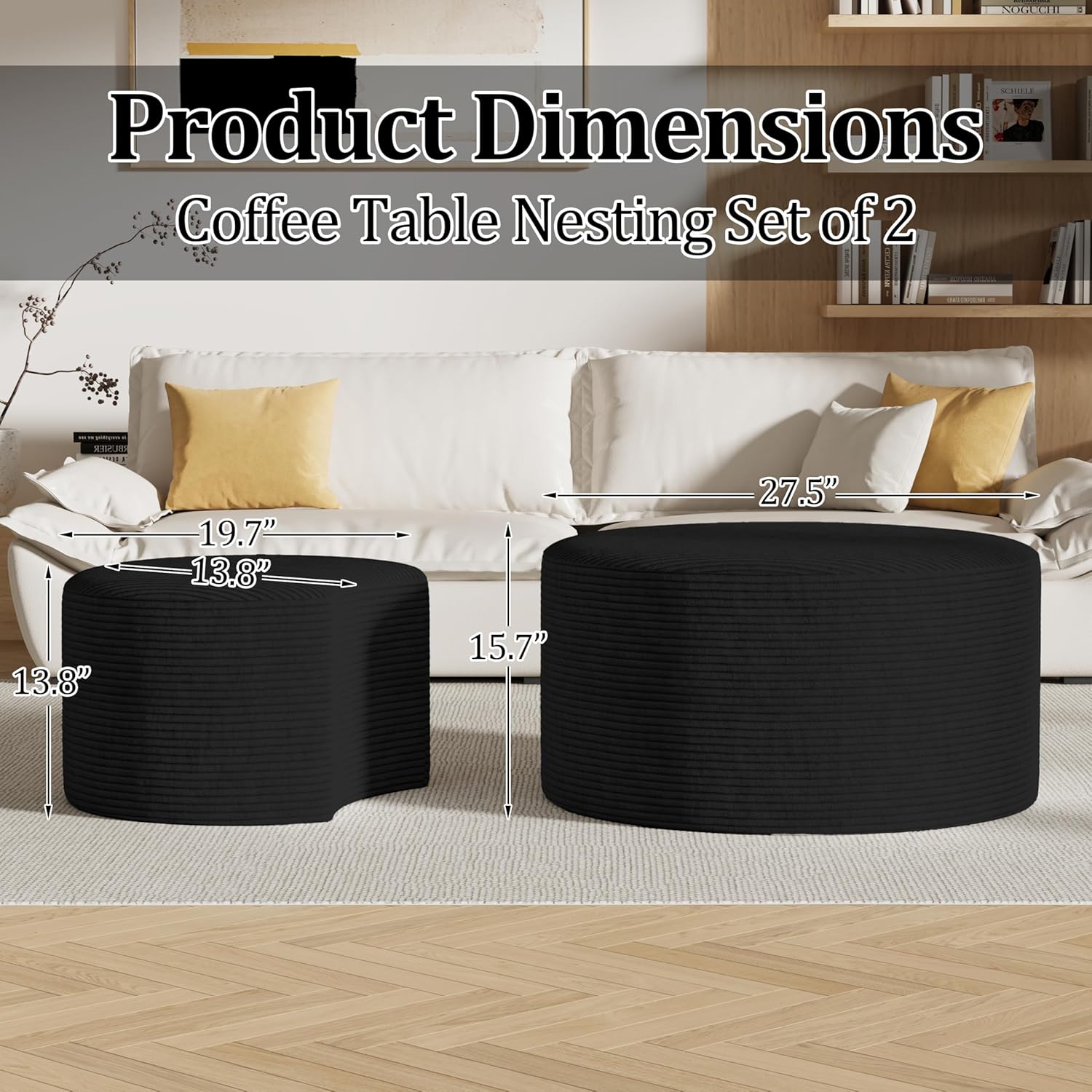 Round Nesting Coffee Table Set of 2,Upholstered Foam Ottoman Footrest Side Table Set,Modern Flannel Circle Coffee Table No Assembly for Living Room Entryway Bedroom,Black