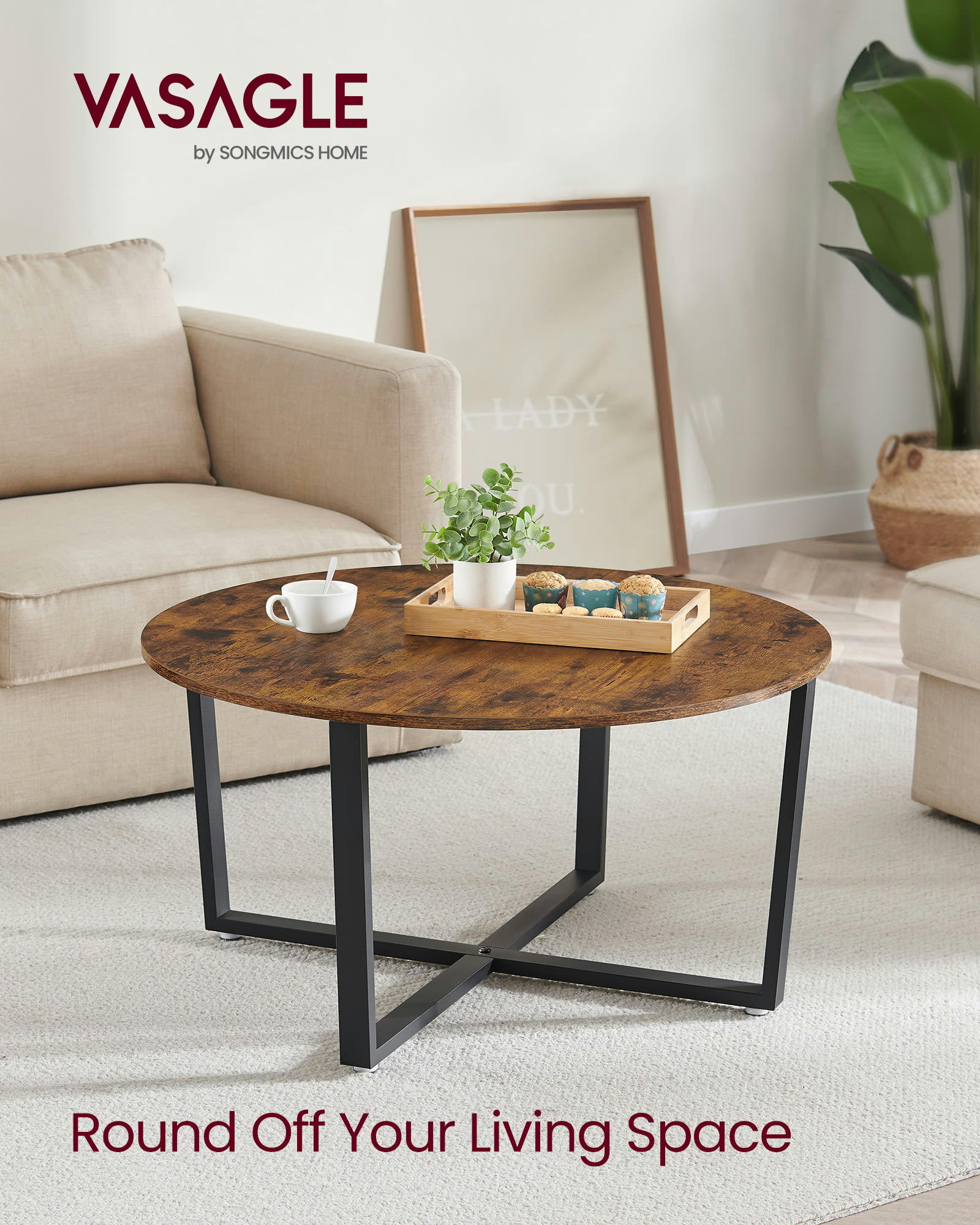 - Table basse ronde style industriel effet bois marron rustique