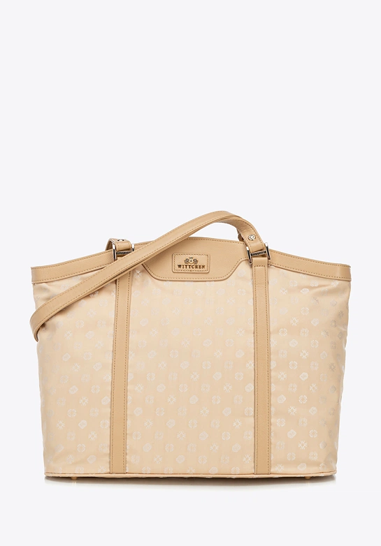 Torebka shopperka z żakardu i skóry w monogramy kremowa