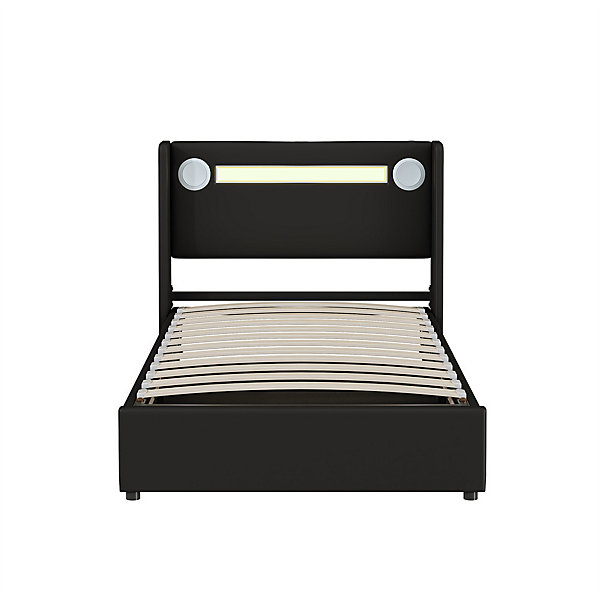 Lit rembourré 90x200 cm lit sommier à lattes lit barre lumineuse à led lecteur bluetooth et recharge usb Single cuir pu noir