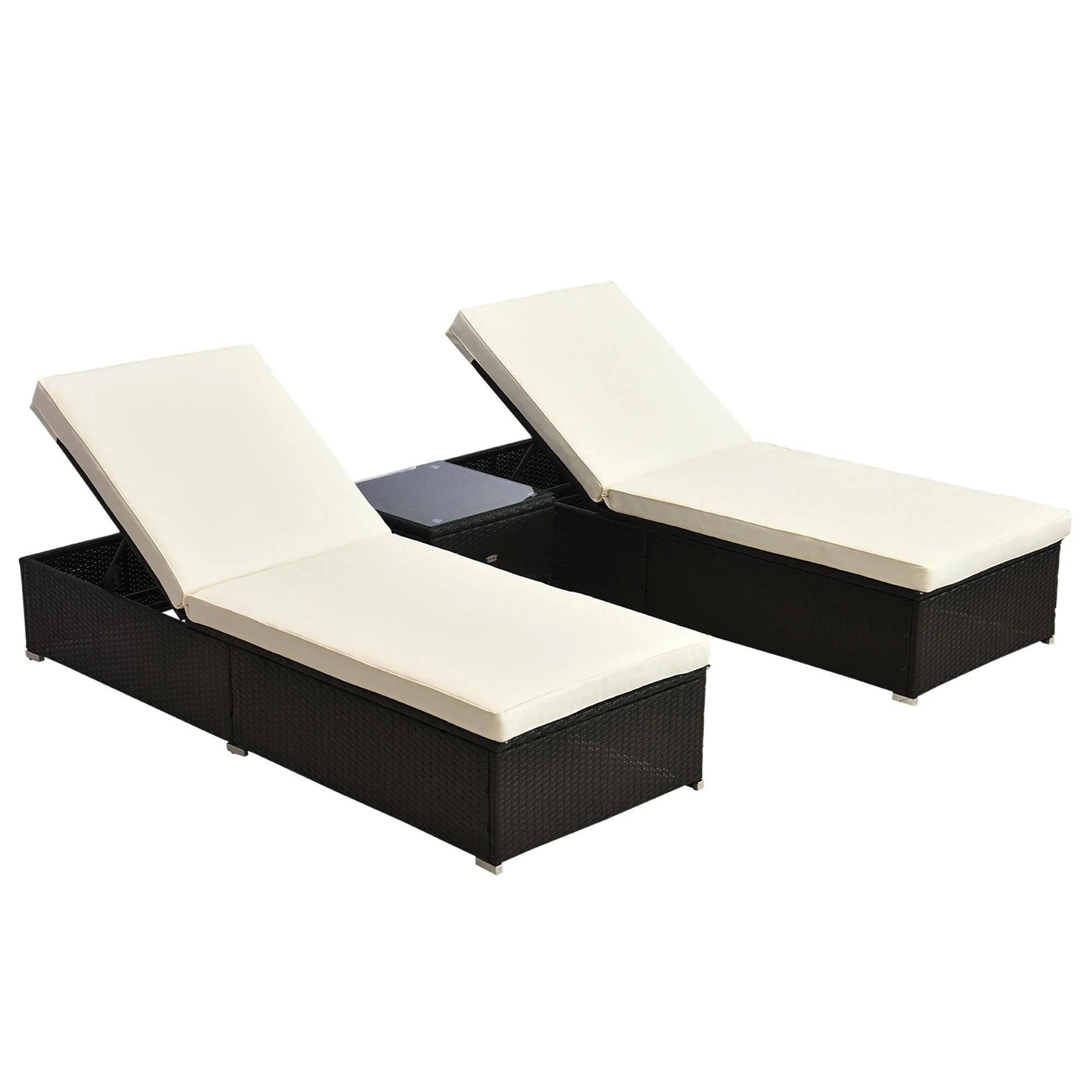 2PCS Adjustable Chaise Lounge, PE Rattan Pool Table Teak Accent