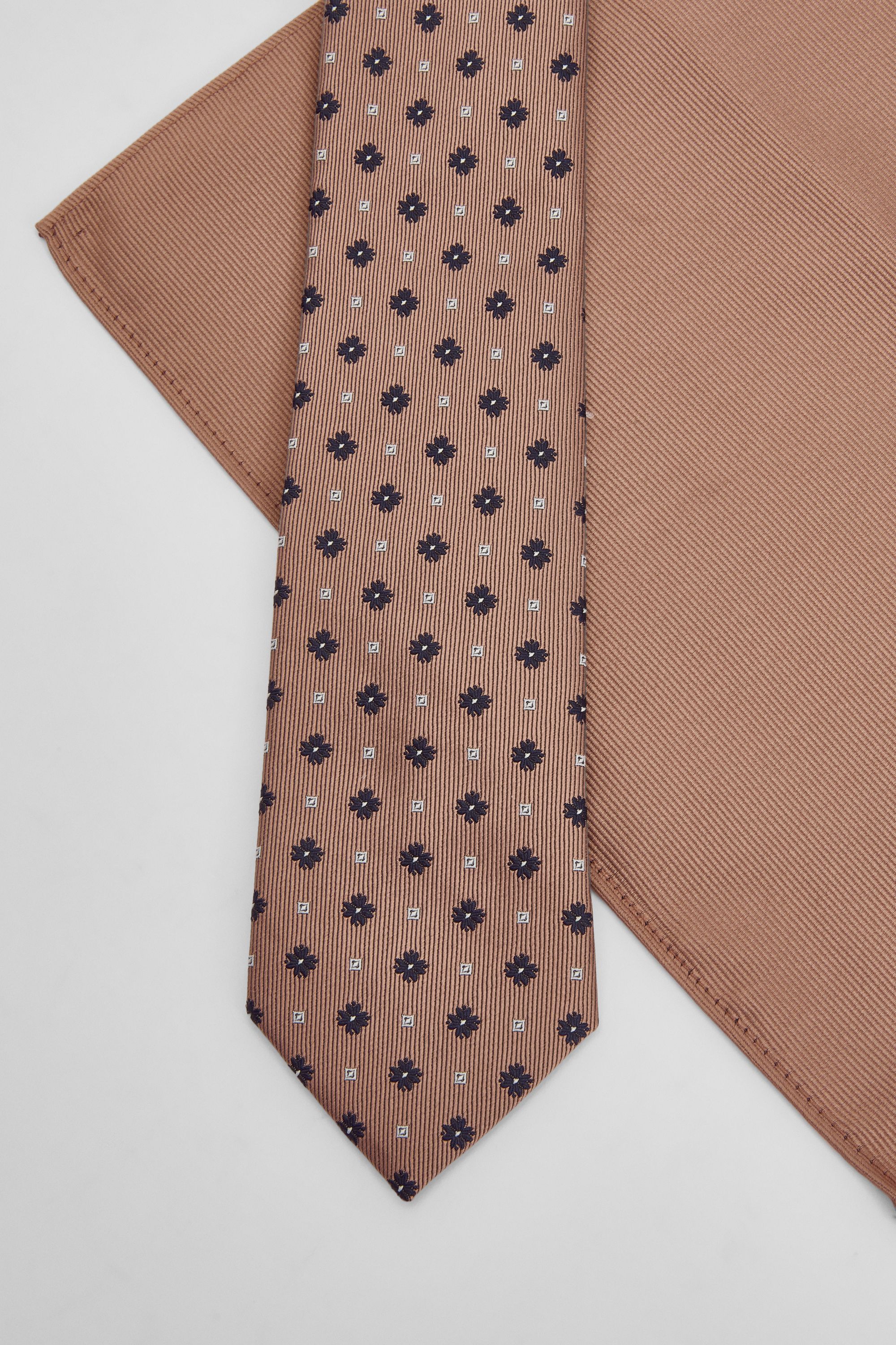 Burton Light Brown Foulard Tie and Plain Pocket Square