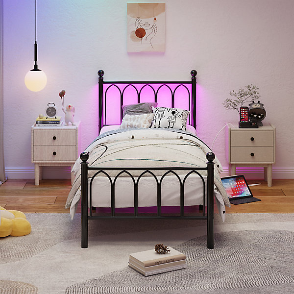 Lit Simple 90x200 cm - Lit Métal Ado avec éclairage LED et Ports USB, Barres Acier Renforcées, Sans Matelas - Métal Noir