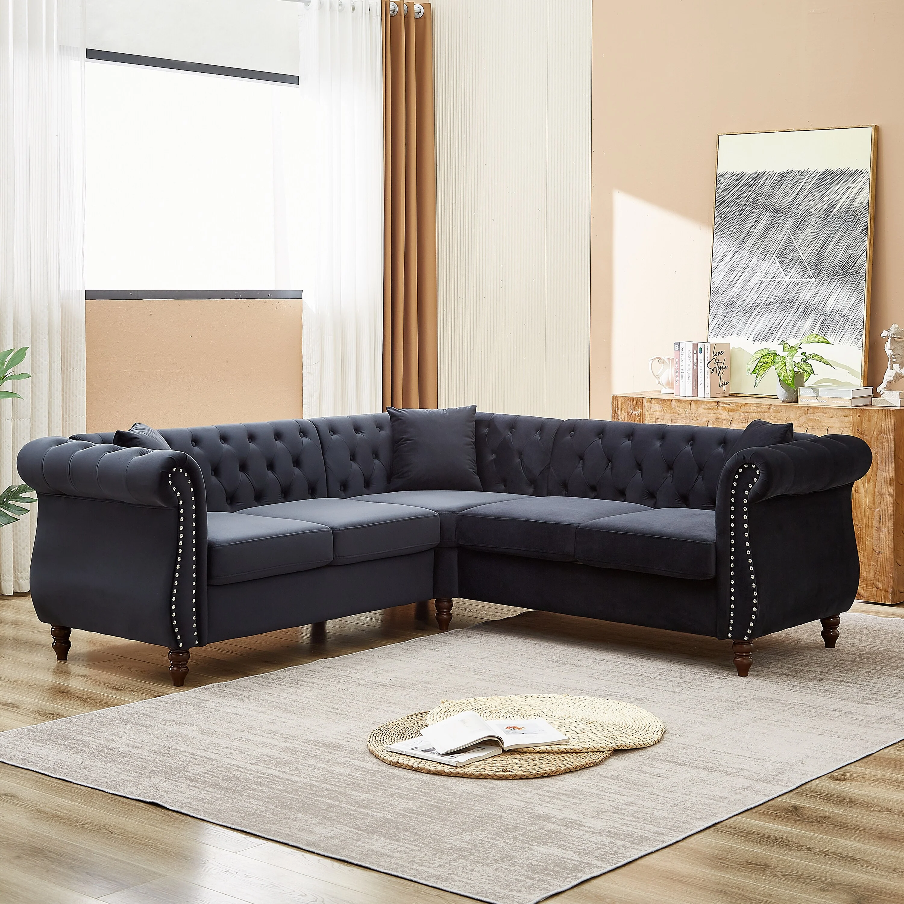 L-Shaped Sectional with 3 Pillows, Button Tufted Corner Sofas 5-Seater Sleeper Couch and Rolling Arm for Living Room Recliner
