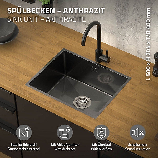 Evier de cuisine en acier inoxydable à encastrer anthracite avec vidage 50x40 cm