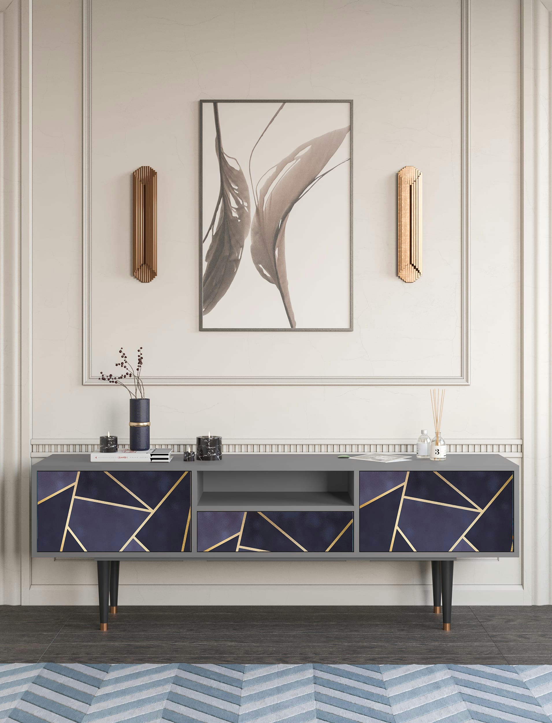 THE AMETHYST - Meuble TV  bleu 1 tiroir et 2 portes L 170 cm