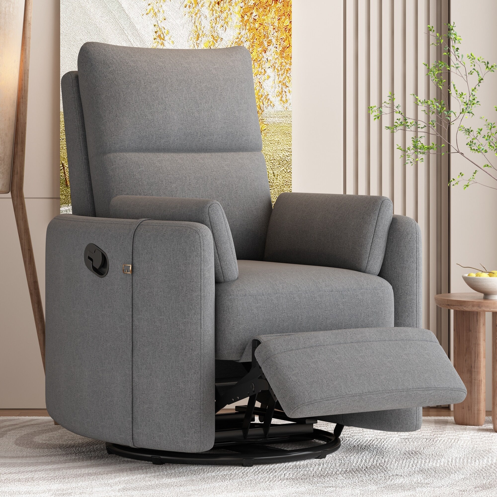 Beige Upholstered Swivel Rocker Recliner with Manual Recline, 360° Swivel, and Two Removable Cushions