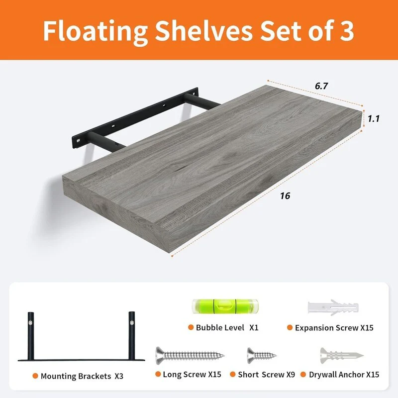 Floating Shelves for Wall Set of 3, 16 Rustic Wood Wall Shelves - 6.7D x 16W x 1H
