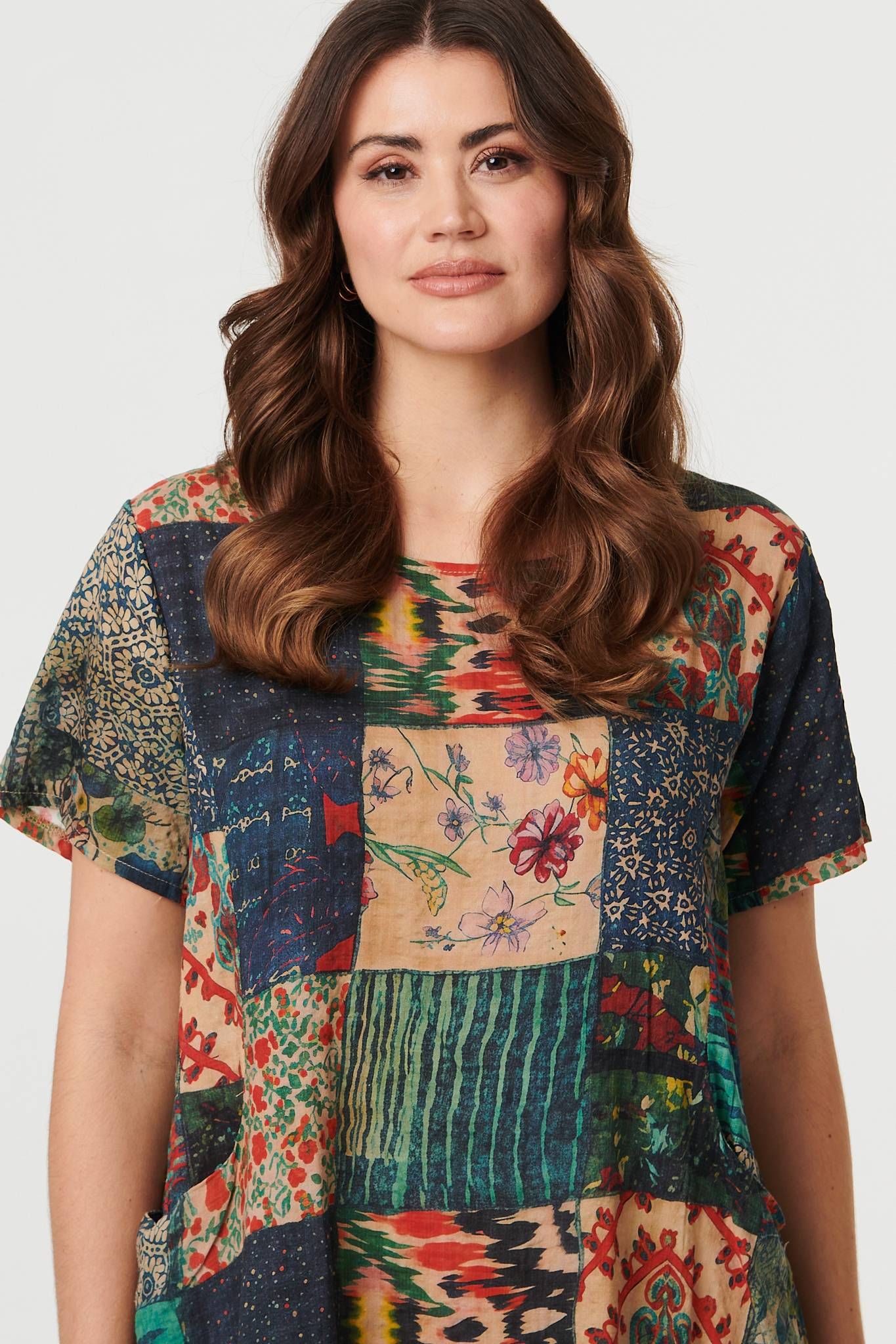 Izabel London Patchwork Print Short Sleeve Shift Dress
